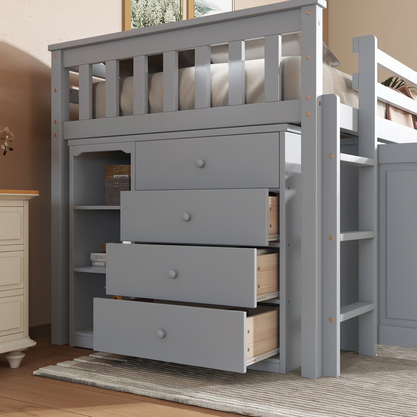 Twin Loft Bed with Storage Cabinet, Drawer and Shelf Cabinet and Pulling-Out Desk, Rubber Wood Loft Bed with Safety Guardrail, Ladder,Grey