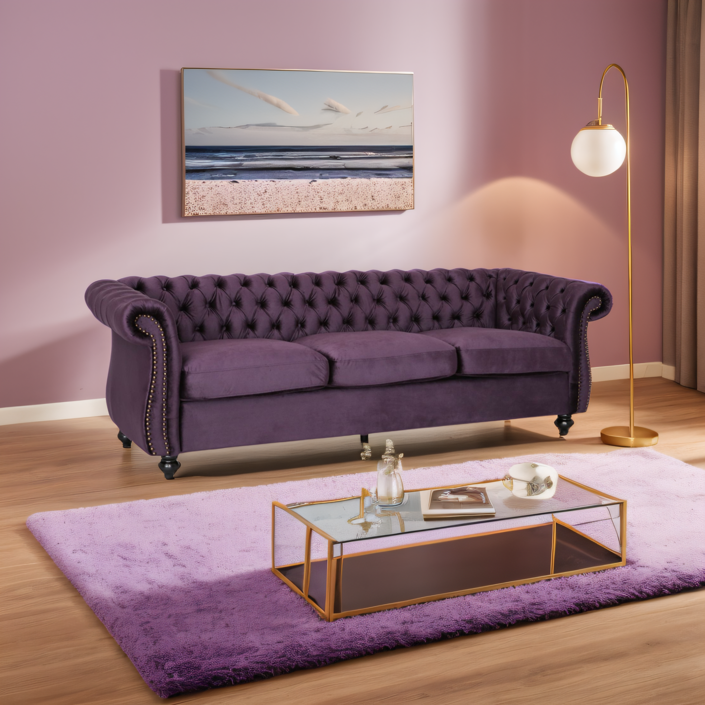 [SantaChoice] Luxurious 3-Seater Purple Velvet Sofa, Featuring a Classic Design with Modern Elegance, Perfect for Adding Sophistication and Style to Any Living Room, Plush Comfort and Durable Craftsmanship