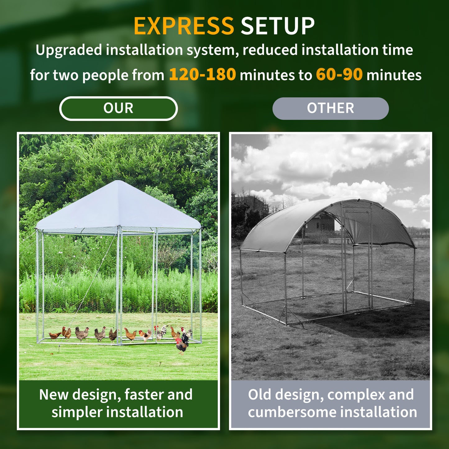 Large metal chicken coop hexagonal, steel wire dipped plastic mesh, oxford cloth silver plated waterproof and UV resistant, ducks, rabbits, sheep and birds outdoor house.(9.2*8.1ft)