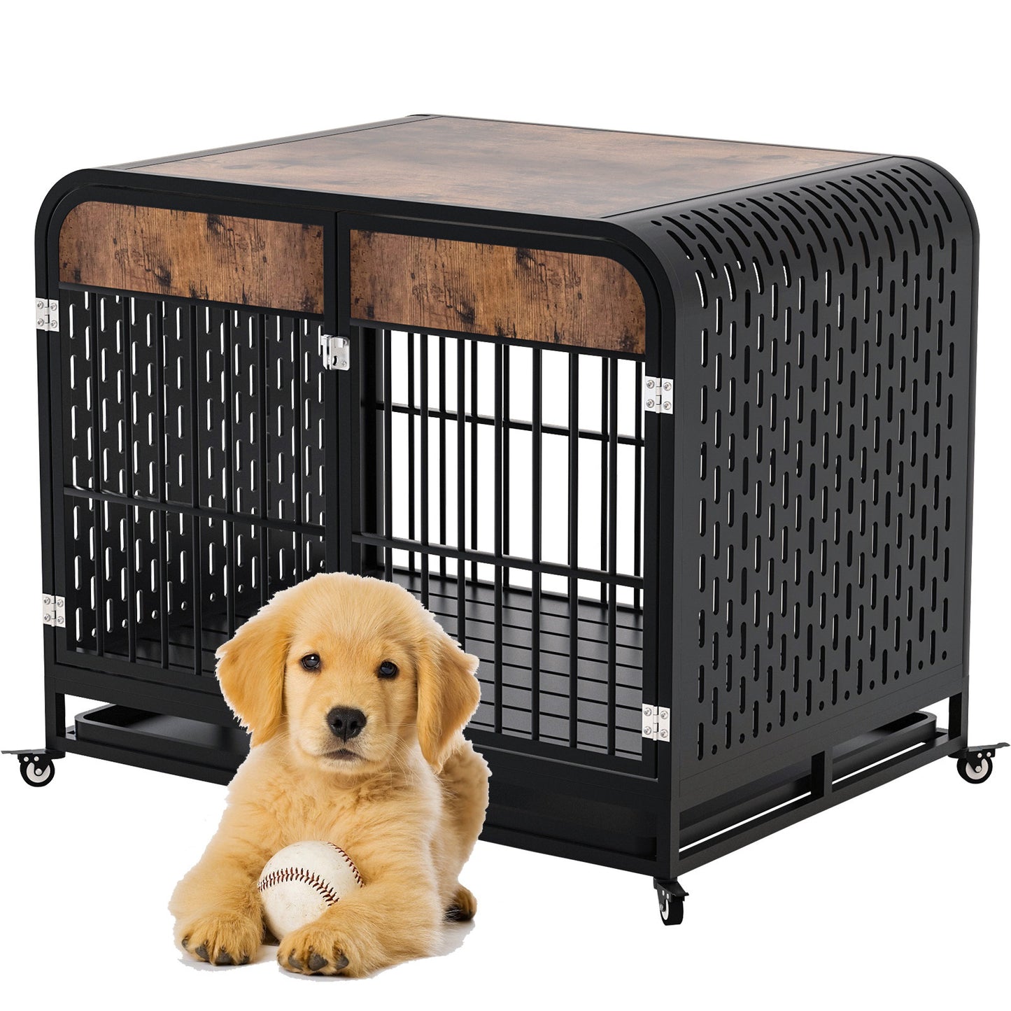 Heavy Duty Dog Crate Furniture Wooden Table Pet Dog Cage Kennel House Indoor Side End Table Decor with Removable Trays and Lockable Wheels for Small Dogs 33" Brown