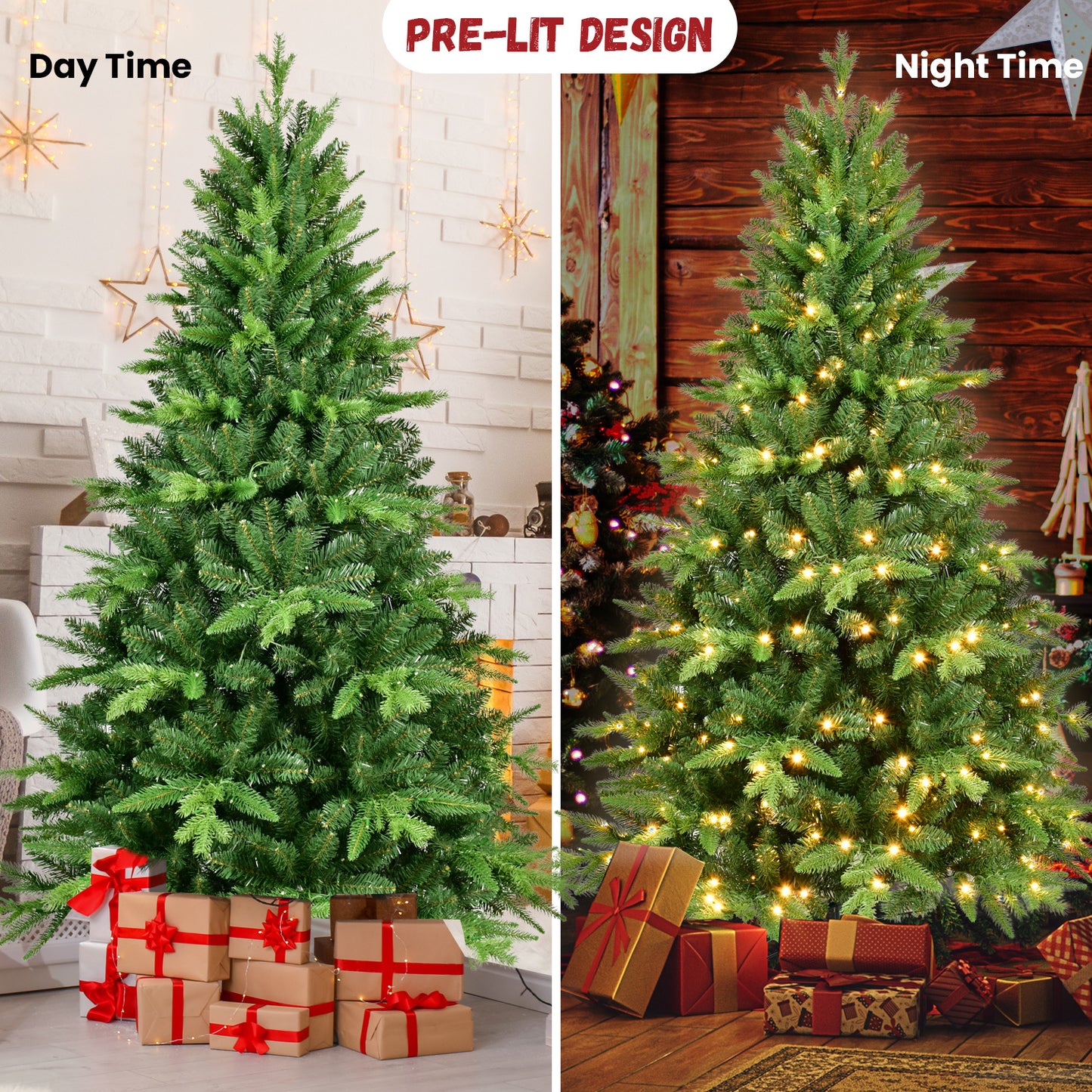 7FT PE And PVC Christmas Tree with Lights, Unique Christmas Tree Prelit with 1692 Branch Tips,450 Warm White LEDs and Metal Stand, Aritificial Christmas Tree