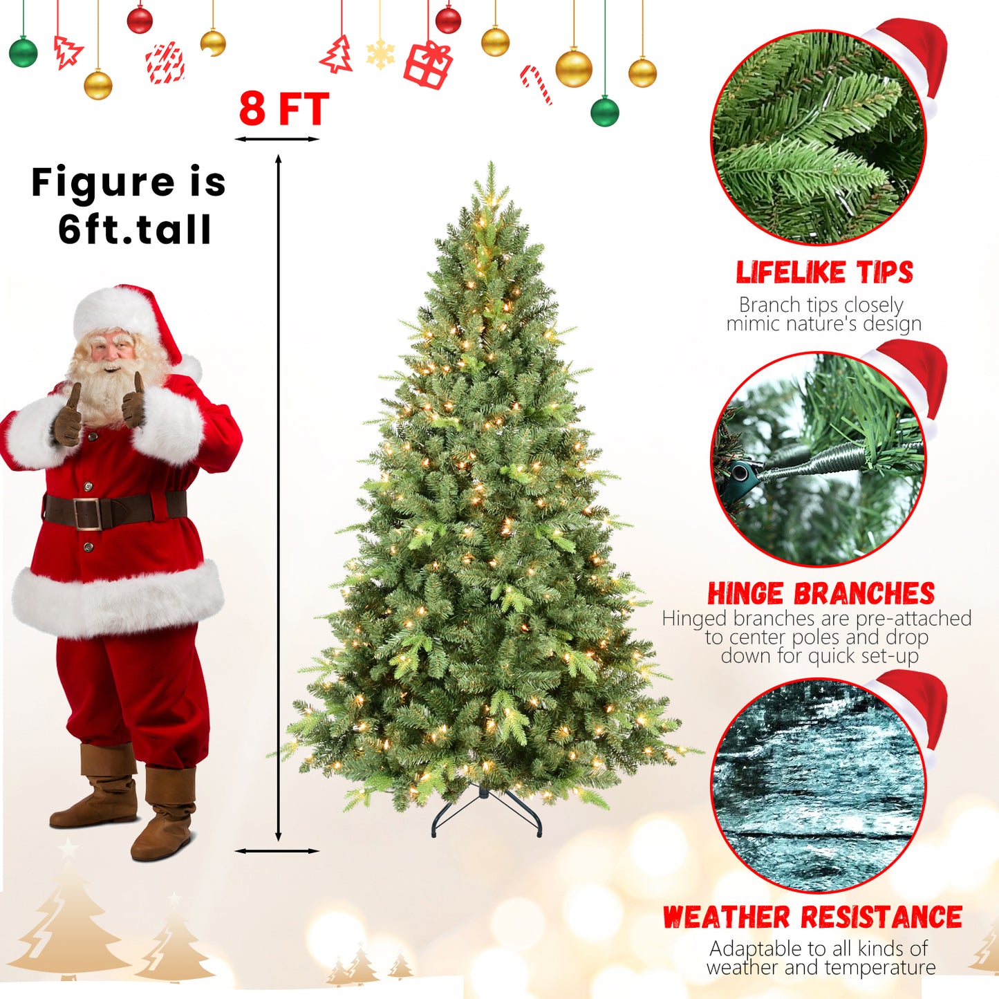 8FT Artificial Christmas Tree with 2535 PE&PVC Mixed Branch Tips, Prelit Hinged Premium Spruce Fake Xmas Trees, Hinged Branch & Foldable Base, Green