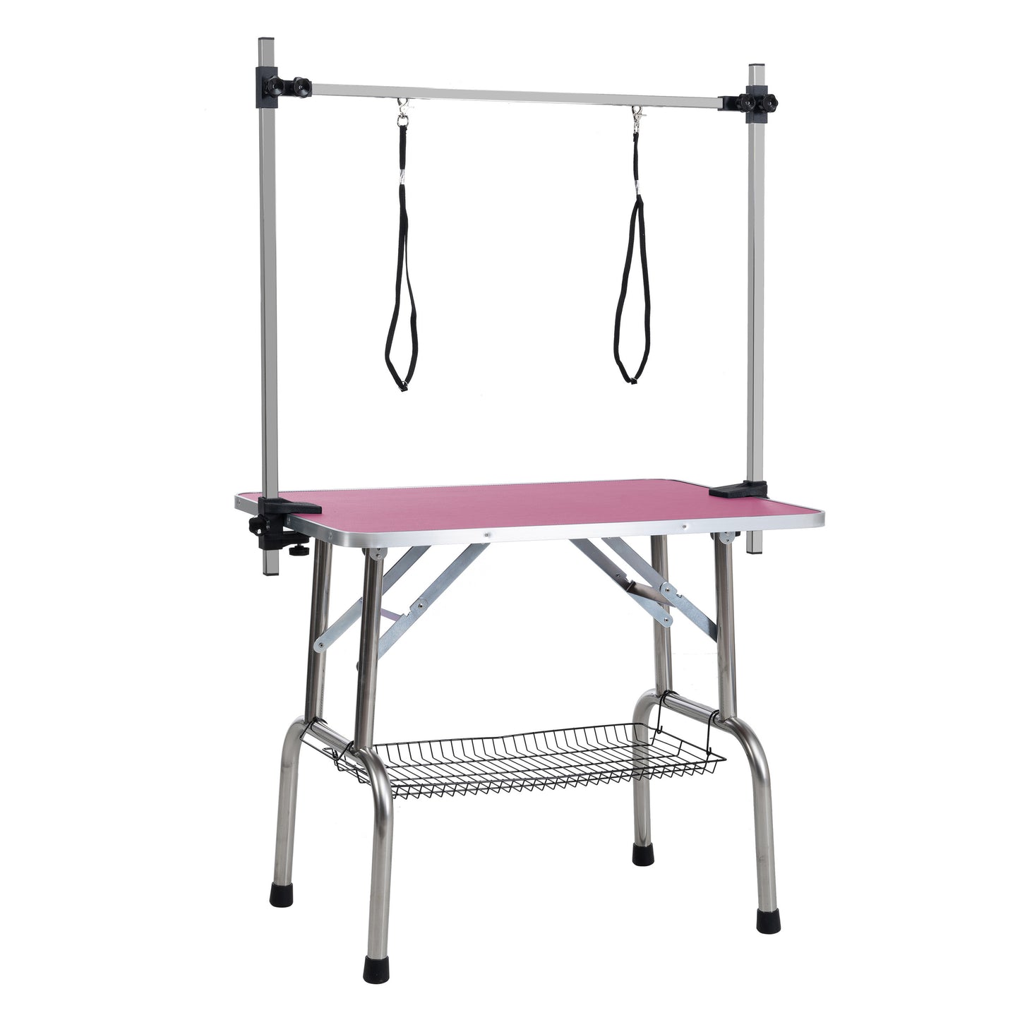 36" Folding Dog Pet Grooming Table Stainless Steel Frame Rubber Mat on Board with Adjustable Arm and Clamps pet dog Cat Grooming Table (PINK COLOR)