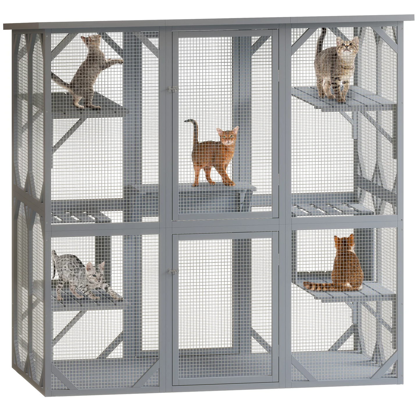 Outdoor Cat House Big Catio Wooden Feral Cat Shelter Enclosure with Large Spacious Interior, 6 High Ledges, Weather Protection Asphalt Roof