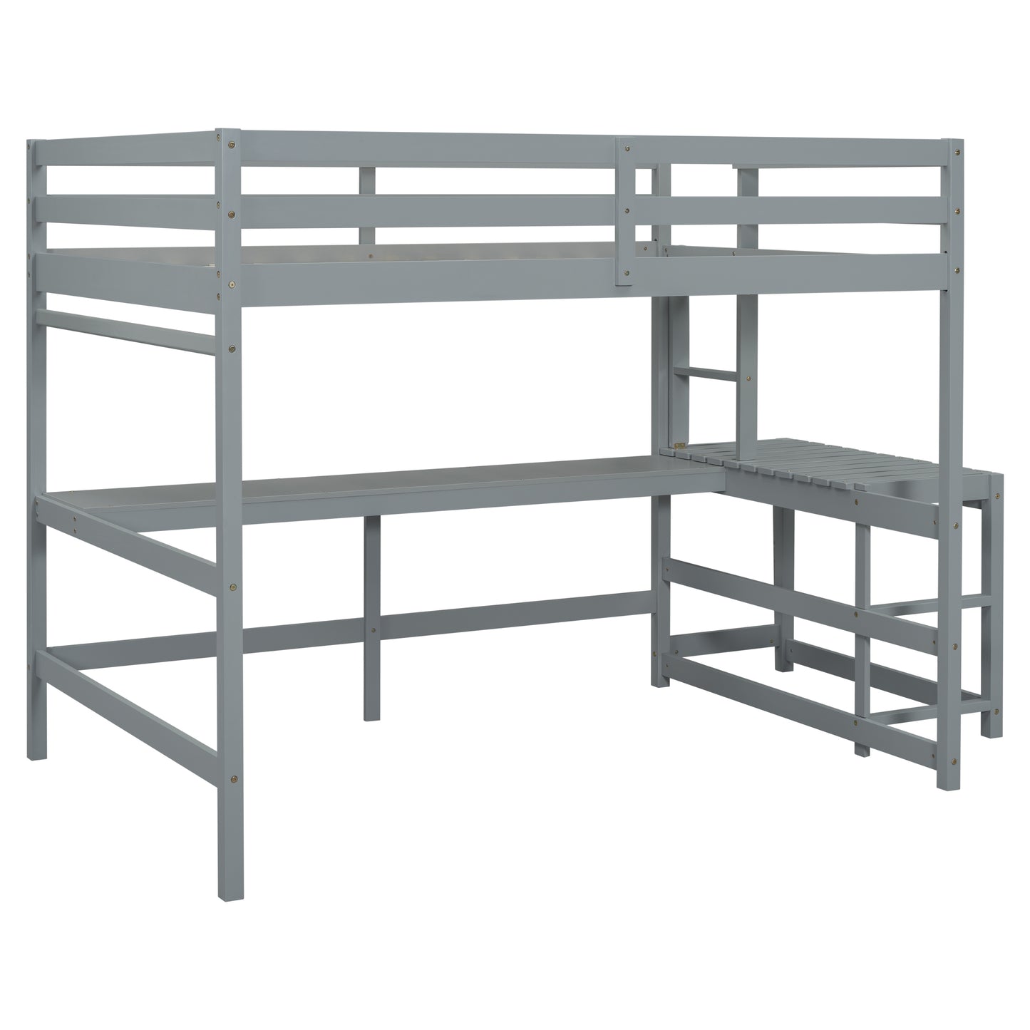 Full Size High Loft Bed with Built-in Desk, Ladder Platform, Ladders, Guardrails ,Grey