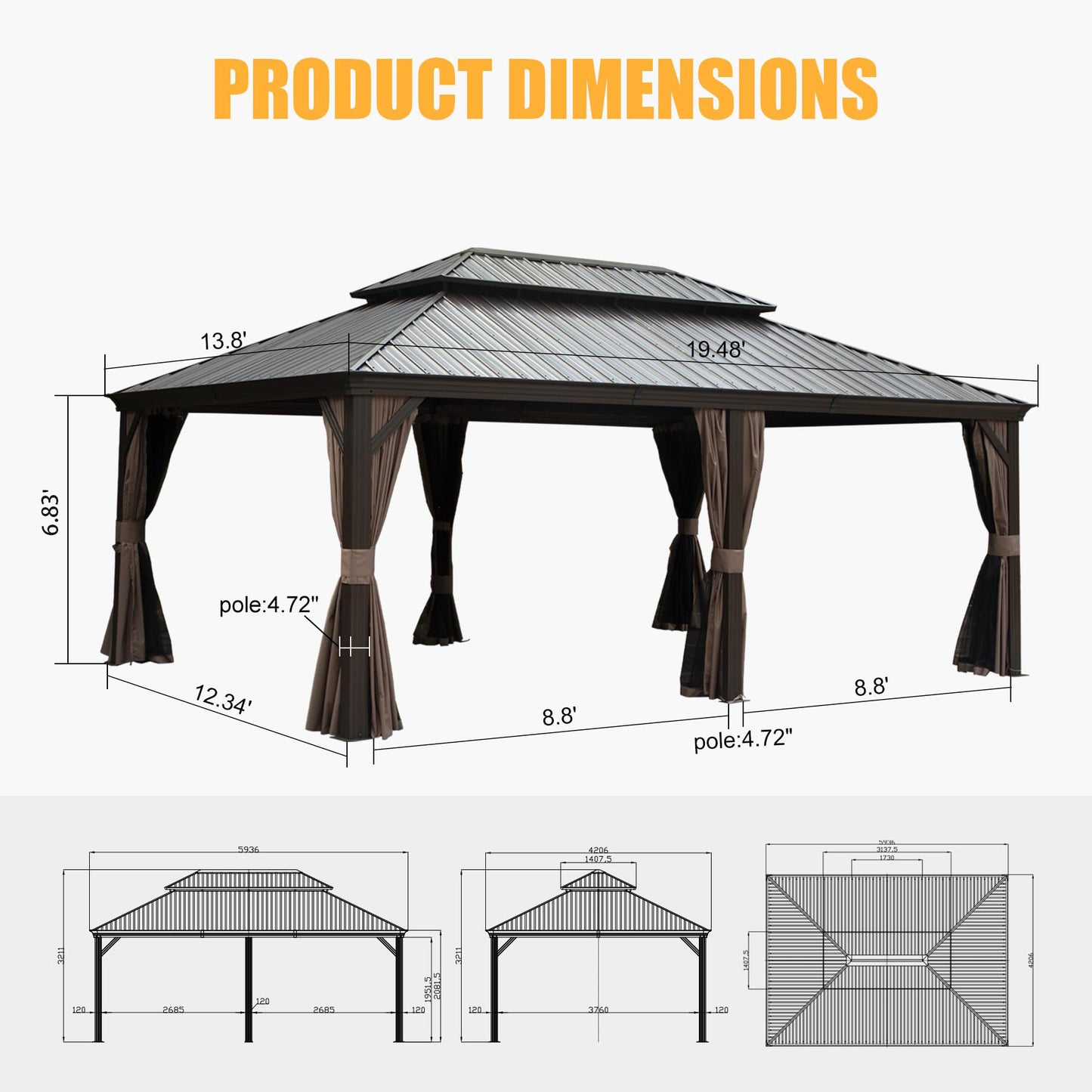 14x20FT Hardtop Gazebo, Permanent Metal Gazebo with Galvanized Steel Double Roof and Aluminum Frame, Curtain and Netting, Large Pavilion Gazebo for Patio Deck Garden