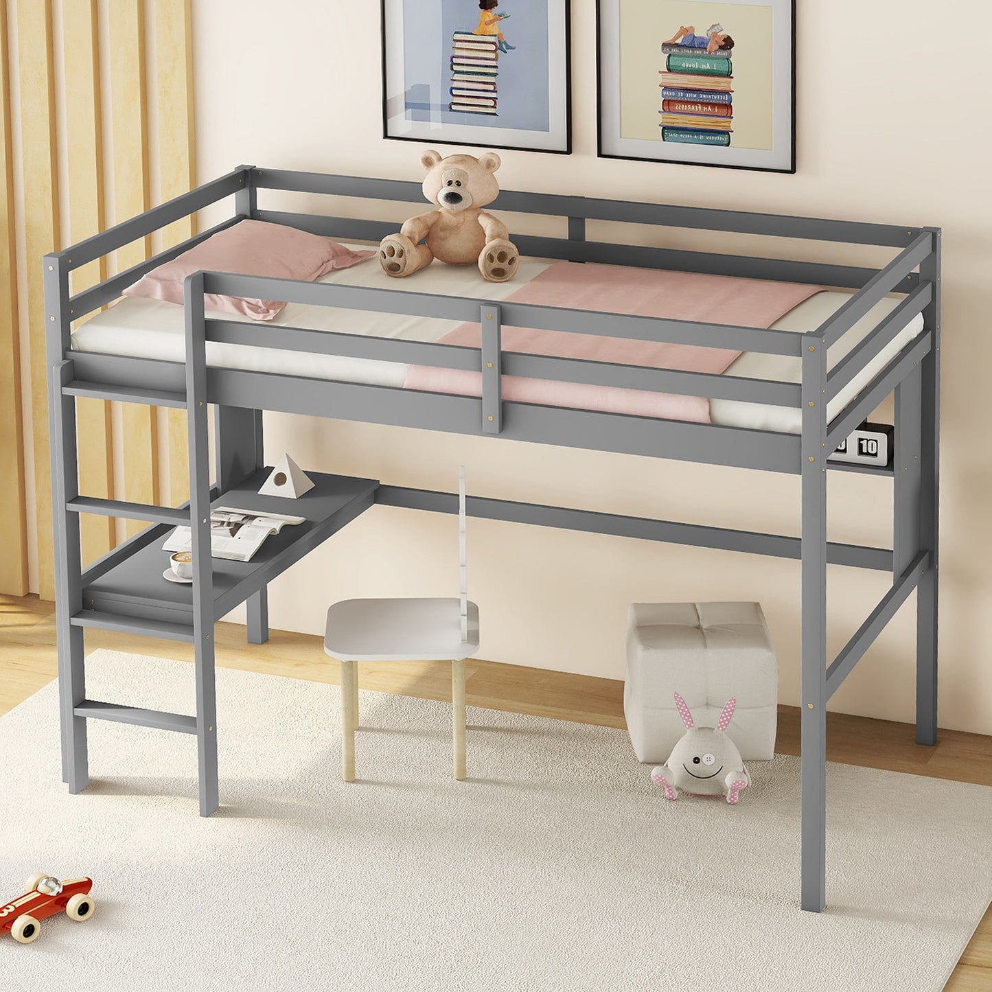 [SantaChoice] Twin Size Loft Bed with desk and shelves, Safety Guardrail and ladder,Grey