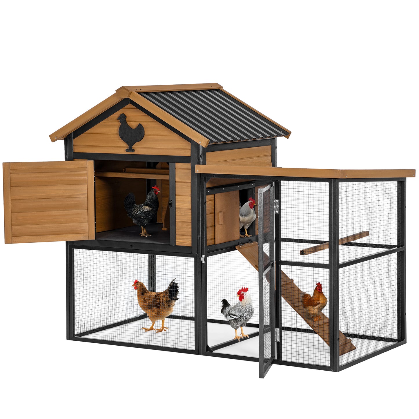 Durable Wood and Iron Chicken Coop with Runway and Waterproof Roof, Suitable for 5-7 Chickens, Built-in Nesting Box