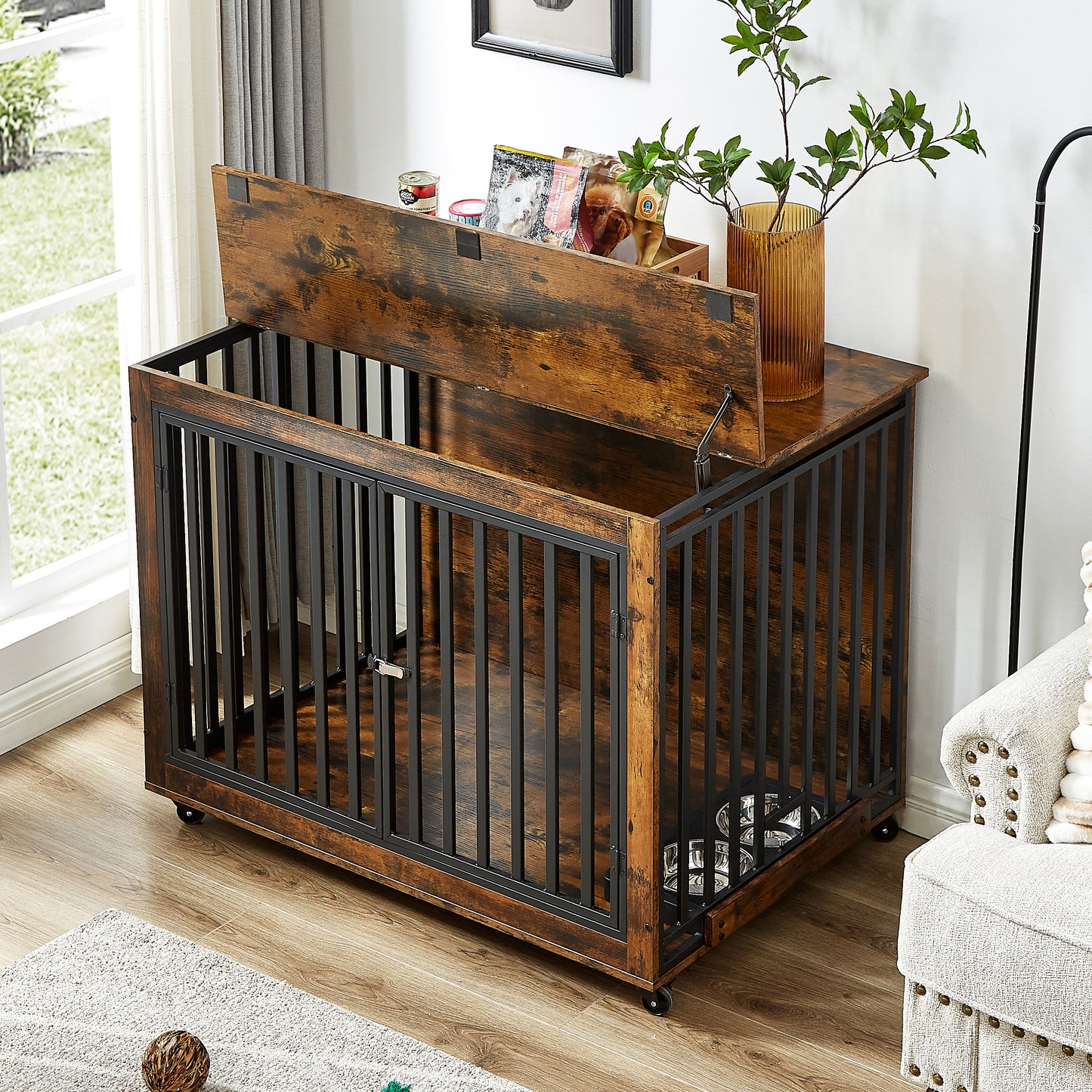 Furniture Style Dog Crate Side Table With Feeding Bowl, Wheels, Three Doors, Flip-Up Top Opening. Indoor, Rustic Brown, 43.7"W x 30"D x 33.7"H