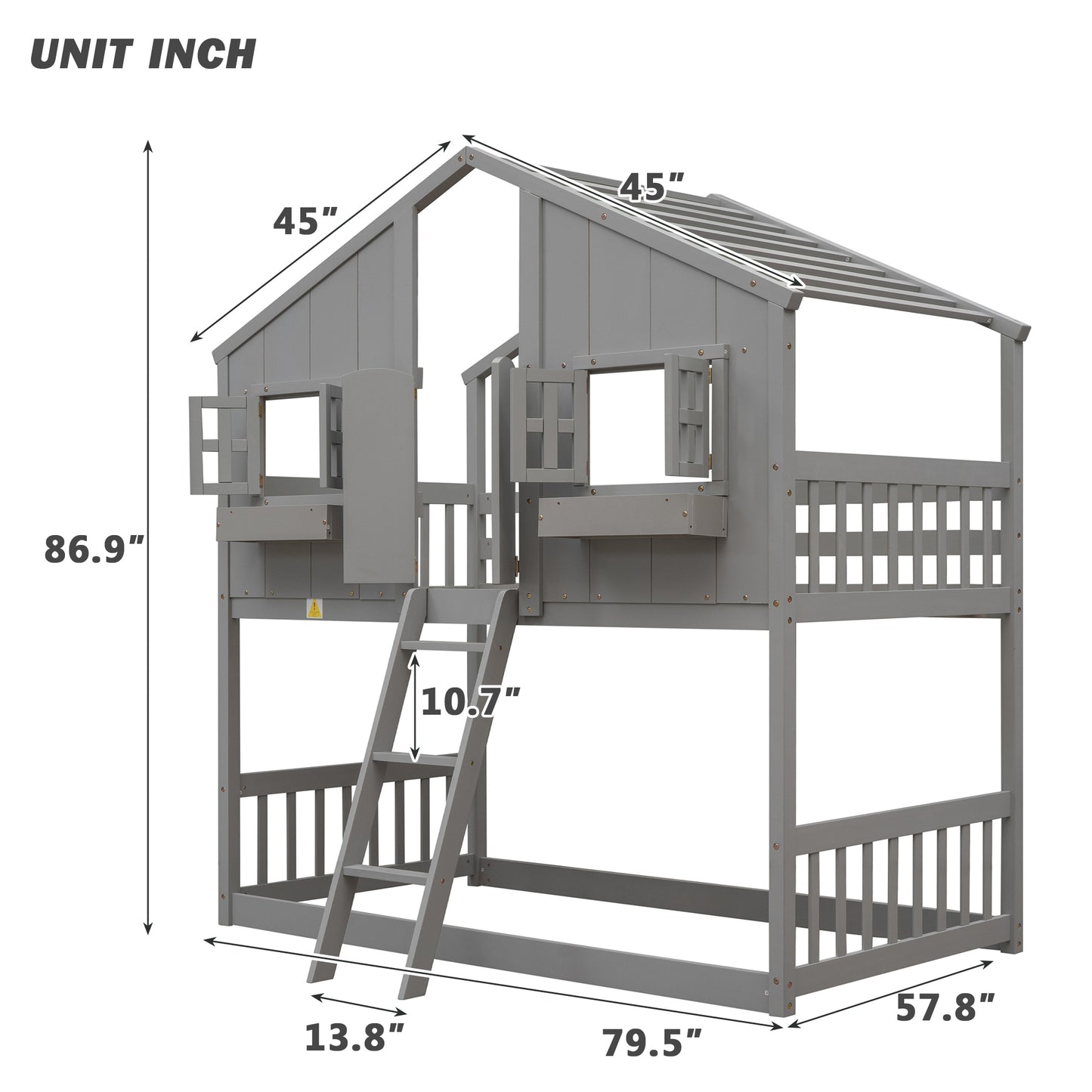 Twin over Twin House Bunk Bed with Roof , Window, Window  Box, Door , with Safety Guardrails and Ladder, Grey