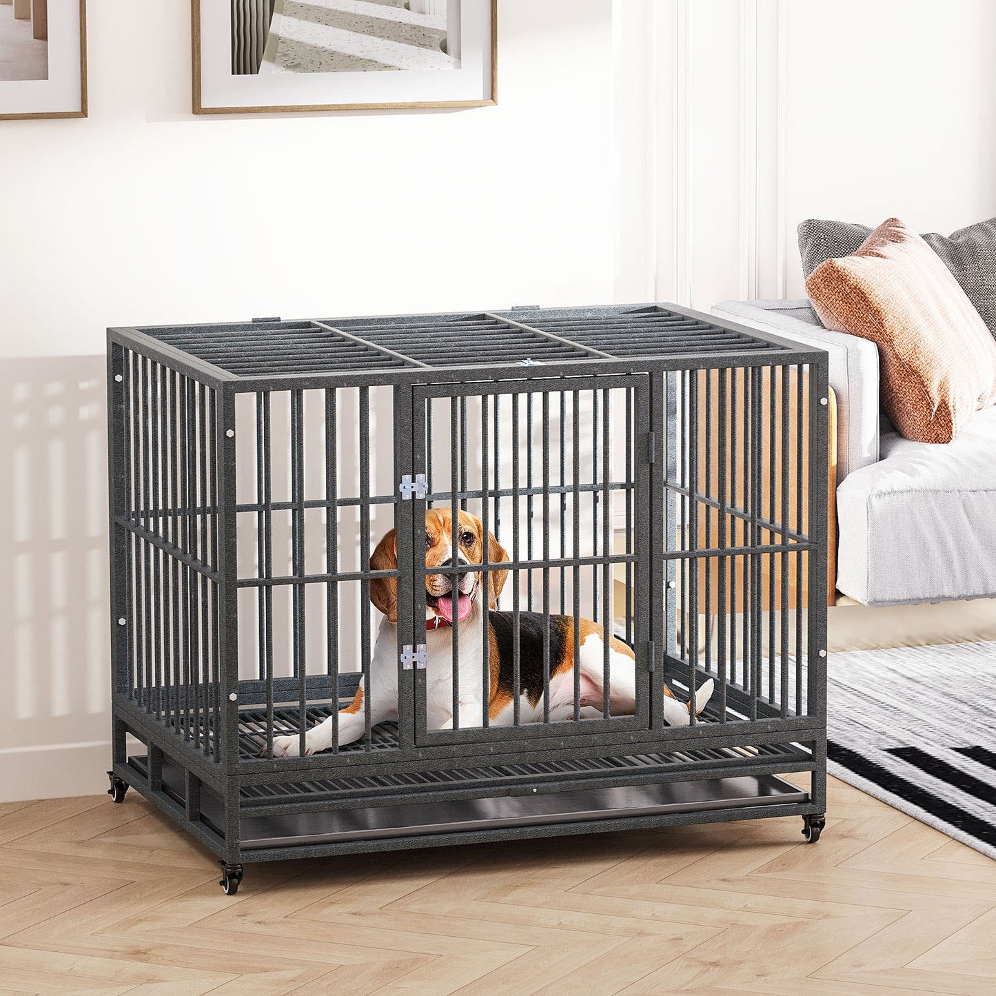 PawHut 43" Heavy Duty Dog Crate Metal Cage Kennel with Lockable Wheels, Double Door and Removable Tray, Grey