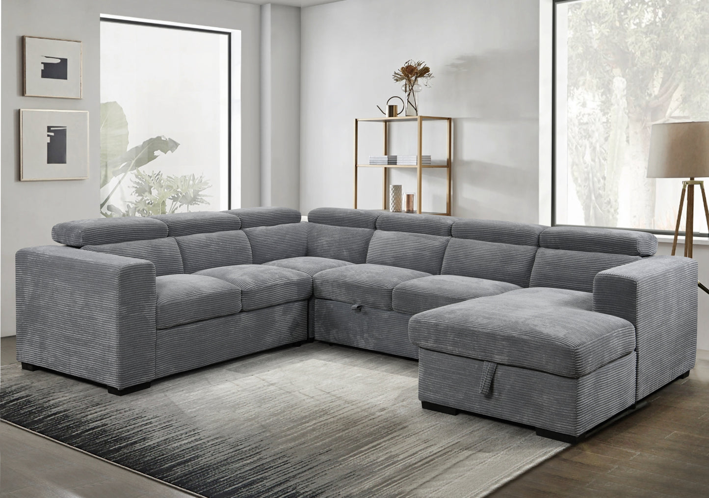 123" Oversized Modern U-Shaped 7-seat Sectional Sofa Couch with Adjustable Headrest, Sofa Bed with Storage Chaise,Pull Out Couch Bed for Living Room ,Dark Gray