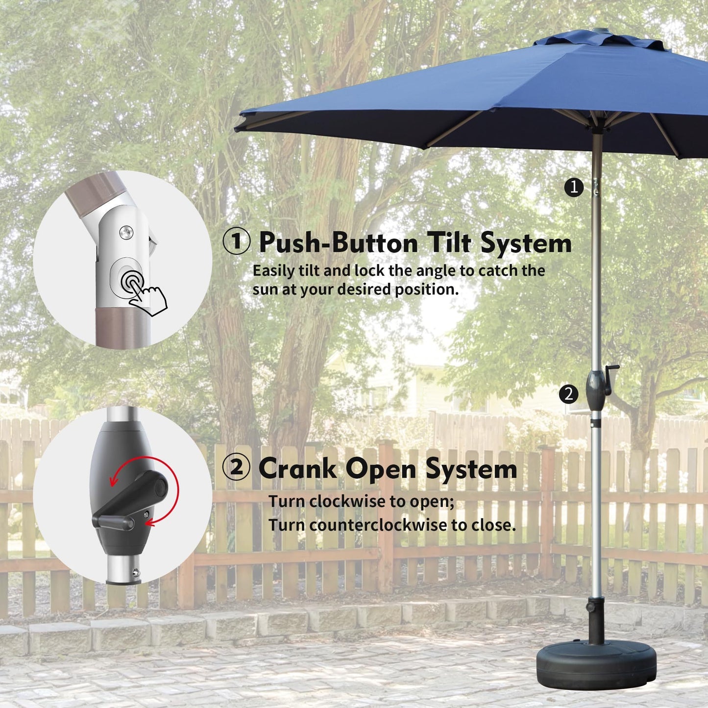 10FT Patio Umbrella, Outdoor Table Umbrella with Push Button Tilt and Crank, UV Protection Waterproof Market Sun Umbrella with 8 Sturdy Ribs for Garden, Deck, Backyard, Pool (Navy Blue)