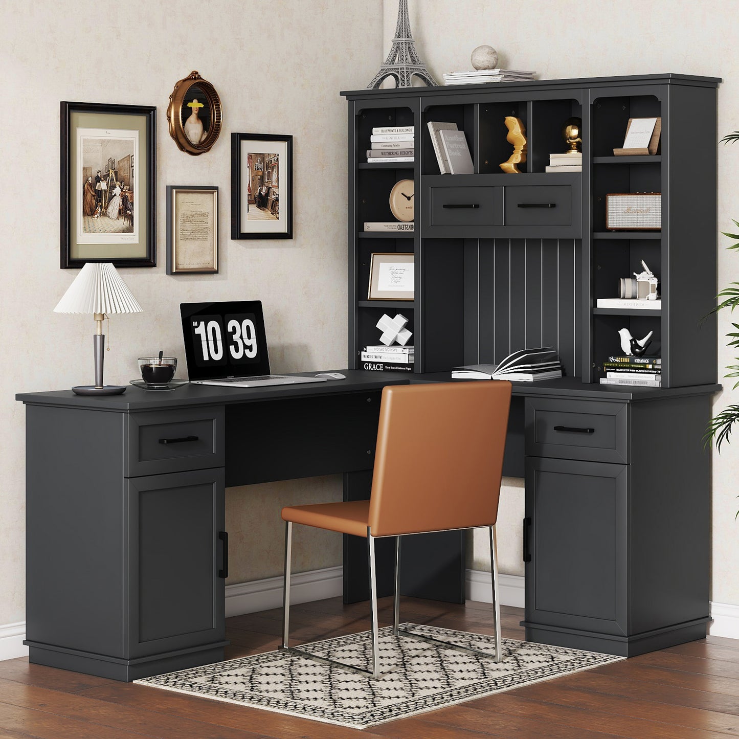 L-shaped computer desk with 2 cabinets and 2 drawers underneath the table, 11 open shelves and a flip-up shelf with storage on the right side, suitable for study, living room and office, Black