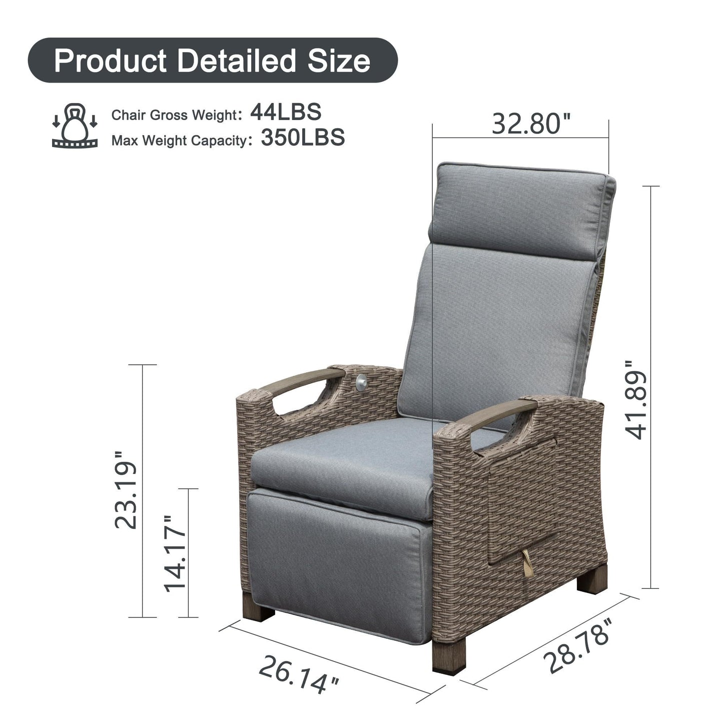 Outdoor Recliner Chair, Patio Recliner with Hand-Woven Wicker, Flip Table Push Back, Adjustable Angle, 6.8'' Thickness Cushions, Reclining Lounge Chair for Indoor and Outdoor, Gray