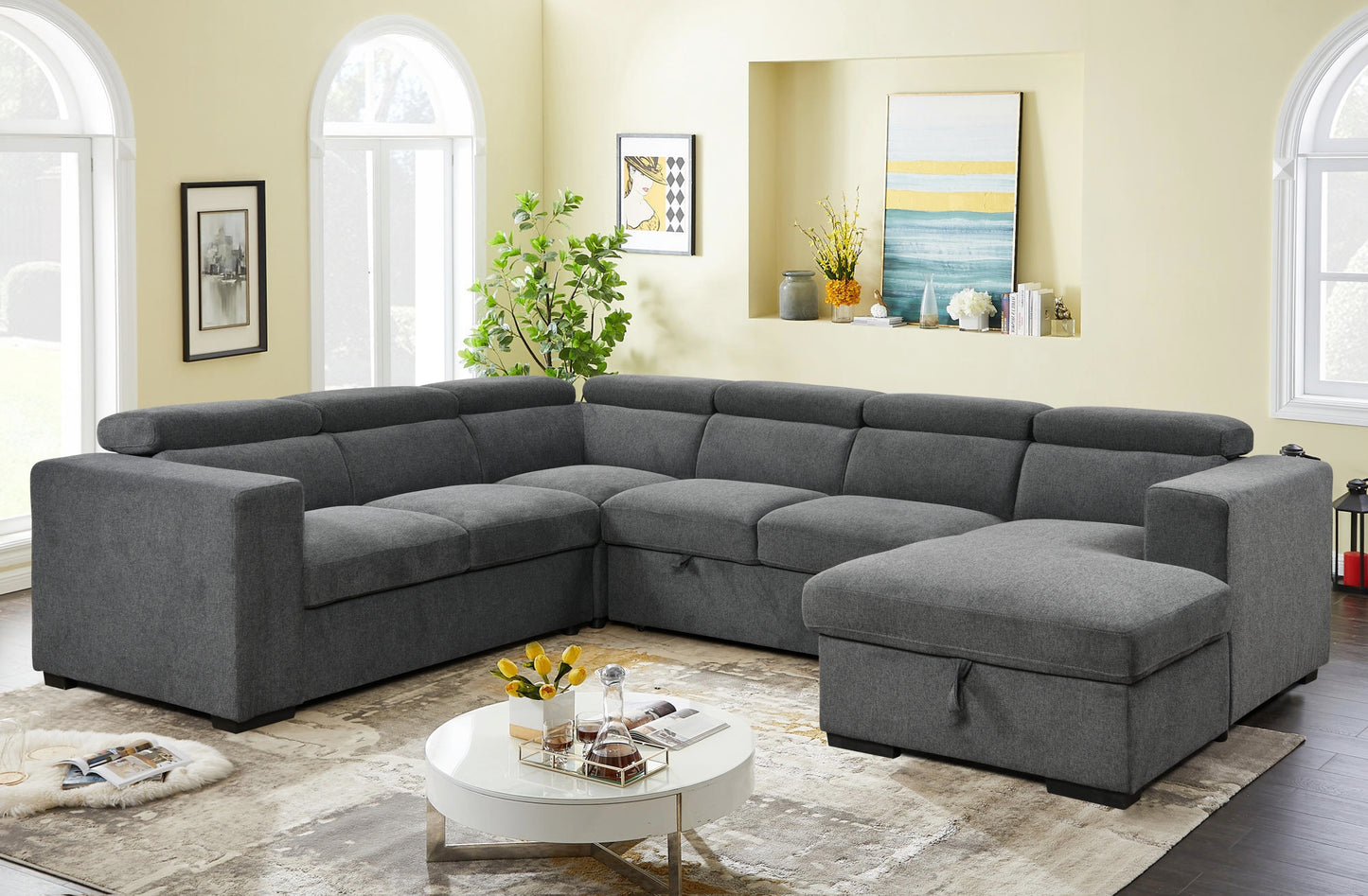 123" 4 in 1 Modern U-Shaped 7-seat Sectional Sofa Couch with Adjustable Headrest, Sofa Bed with Storage Chaise,Pull Out Couch Bed for Living Room ,Dark Gray