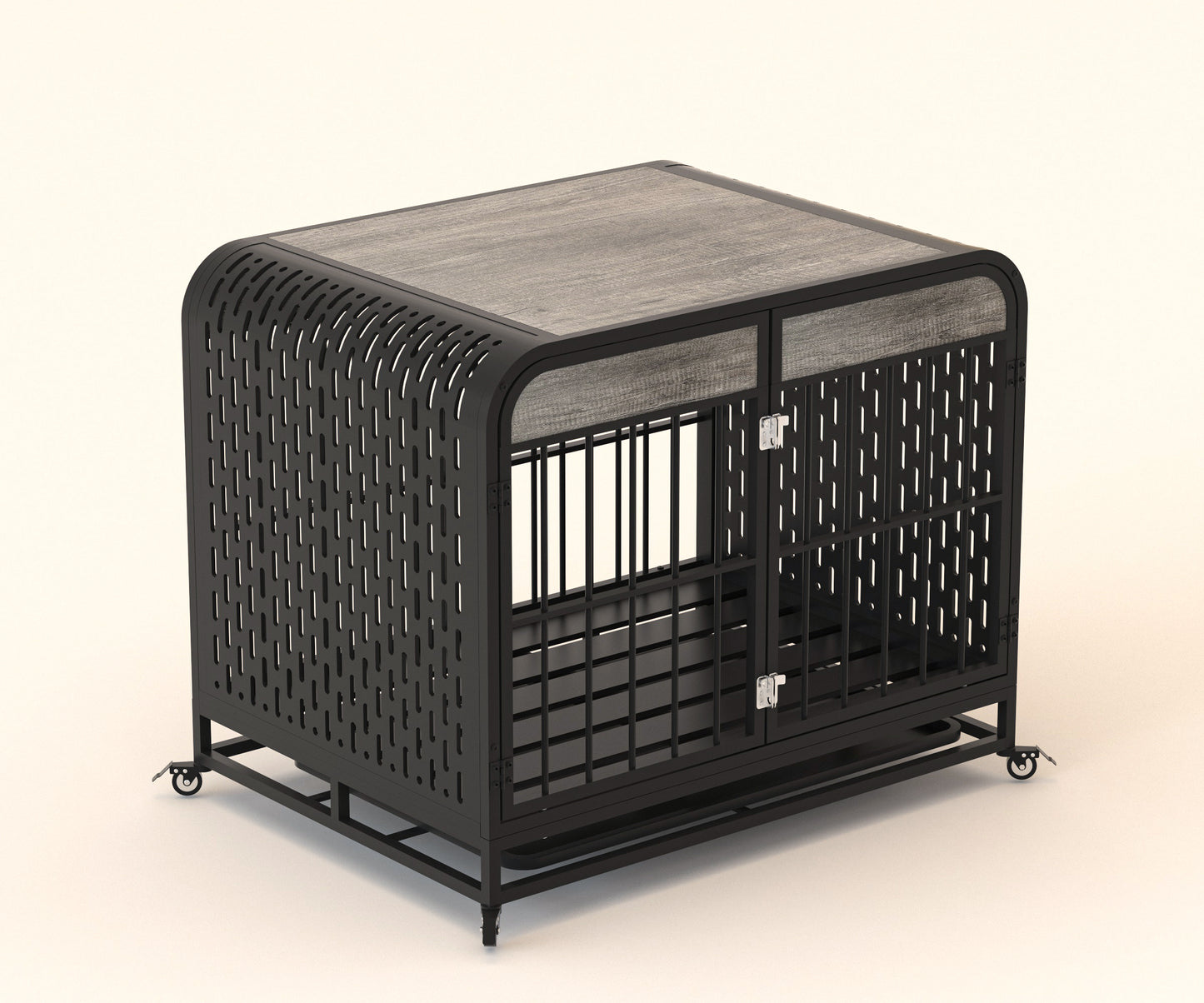 Heavy Duty Dog Crate Furniture Wooden Table Pet Dog Cage Kennel House Indoor Side End Table Decor with Removable Trays and Lockable Wheels for Small Dogs 33" Grey