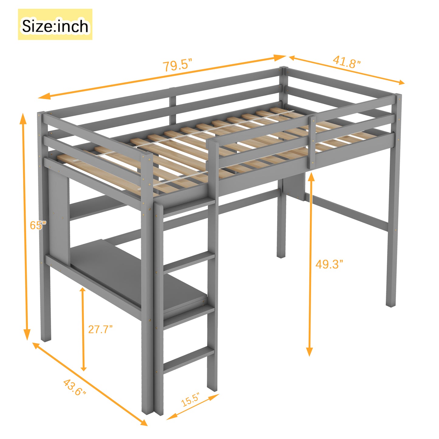 [SantaChoice] Twin Size Loft Bed with desk and shelves, Safety Guardrail and ladder,Grey