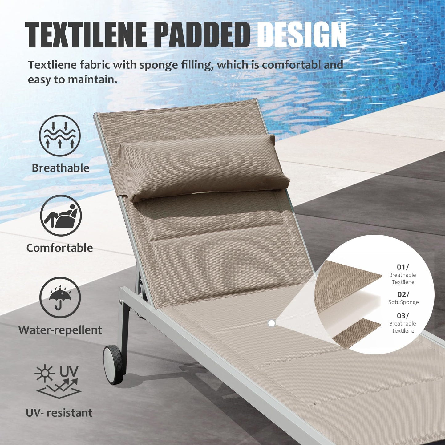 Outdoor Patio Chaise Lounge Set of 3, Aluminum Pool Lounge Chairs with Side Table and Wheels, Textilene Padded Adjustable Recliner All Weather for Poolside, Beach, Yard, Balcony (Khaki)