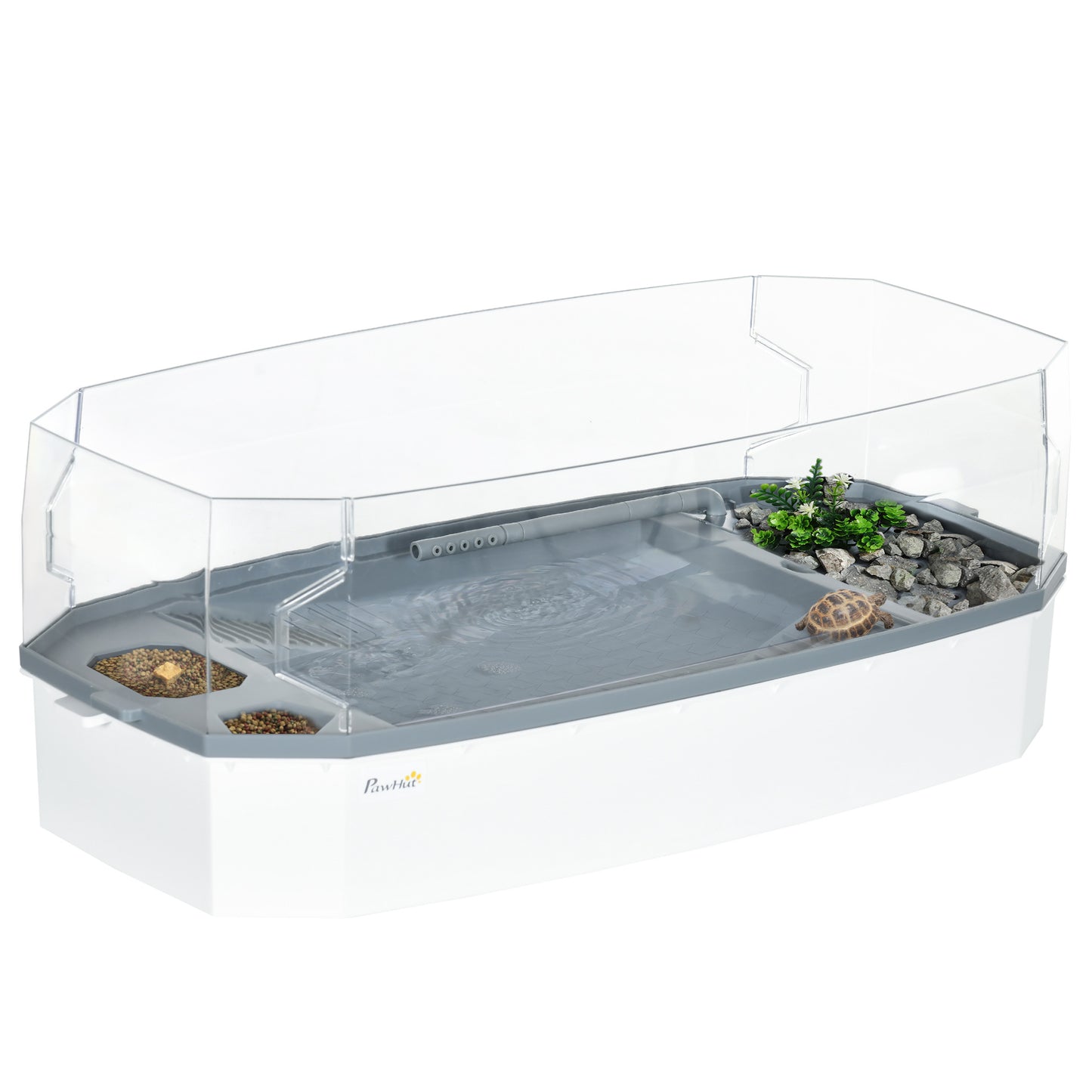 PawHut Turtle Tank Kit, Turtle Aquarium with Basking Platform, Water Pump, Filter Layer Design, Full View Visually Reptile Habitat, Easy to Clean and Change Water, Multi Functional Area