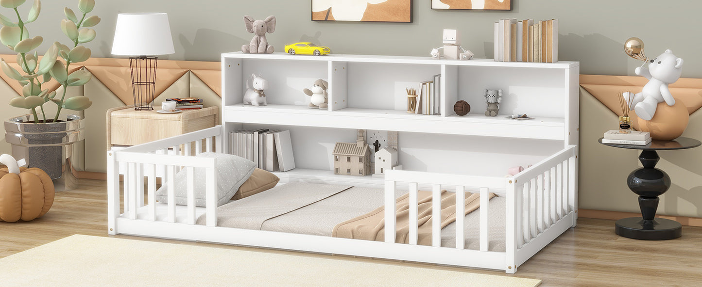 Twin Floor Bed with  Bedside Bookcase,Shelves,Guardrails,White