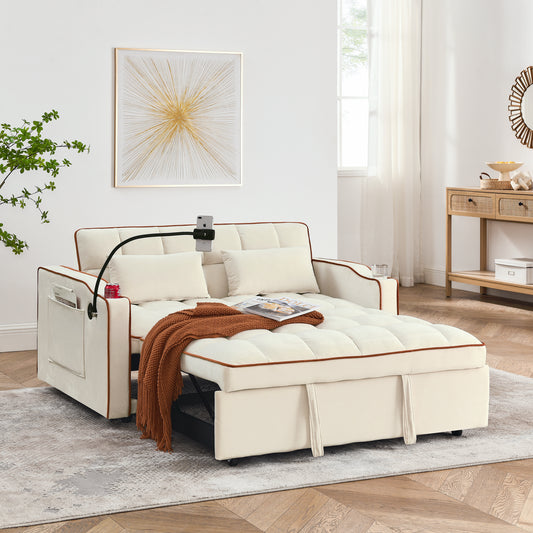 [SantaChoice] 55.51 inch versatile foldable sofa bed in 3 lengths, modern sofa sofa sofa velvet pull-out bed, adjustable back and with USB port and ashtray and swivel phone stand (Beige)