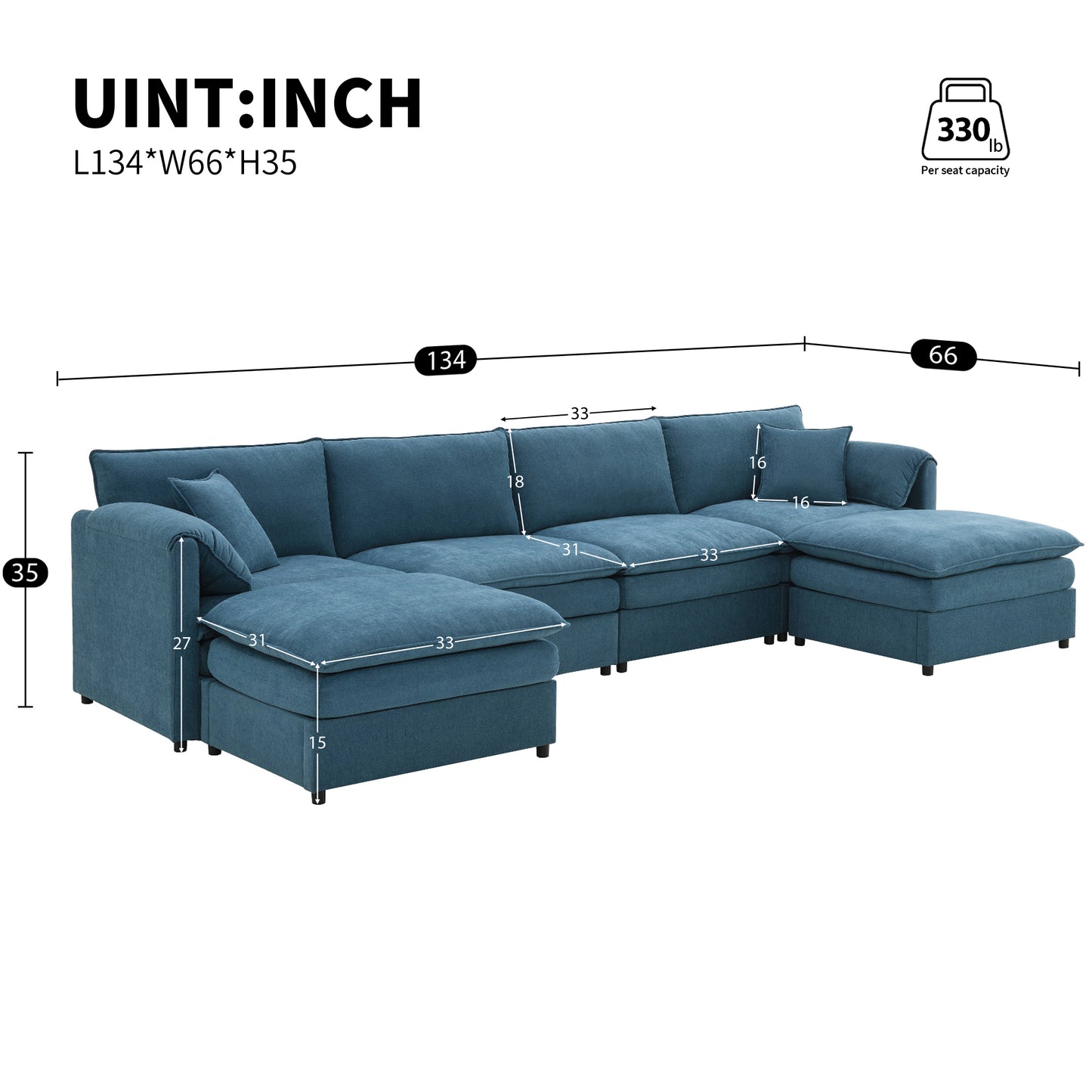 [SantaChoice] 134x66" Chenille Modular Sectional Sofa,U Shaped Cloud Couch Set with Double Cushions ,6 Seat Sleeper Sofa Bed with Ottomans,Oversized Indoor Furniture for Living Room, 3 Colors