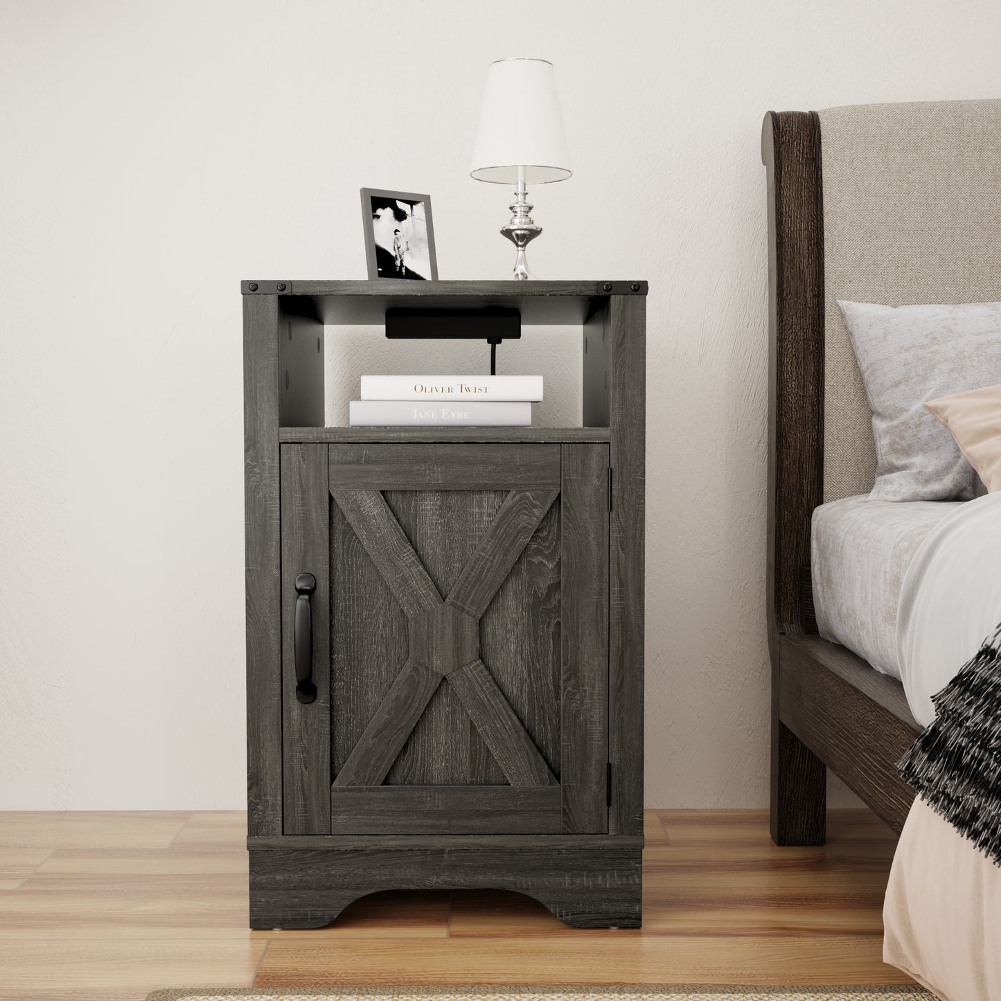 Farmhouse Nightstand Side Table, Wooden Rustic End Table, Tall Bedside Table with Electrical Outlets Charging Station - Dark Gray