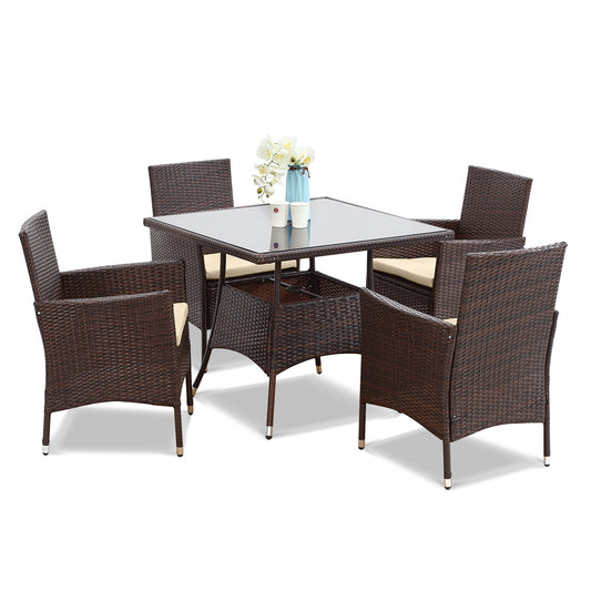 5-Pieces PE Rattan Wicker and Metal Patio Dining Set with Beige Cushions