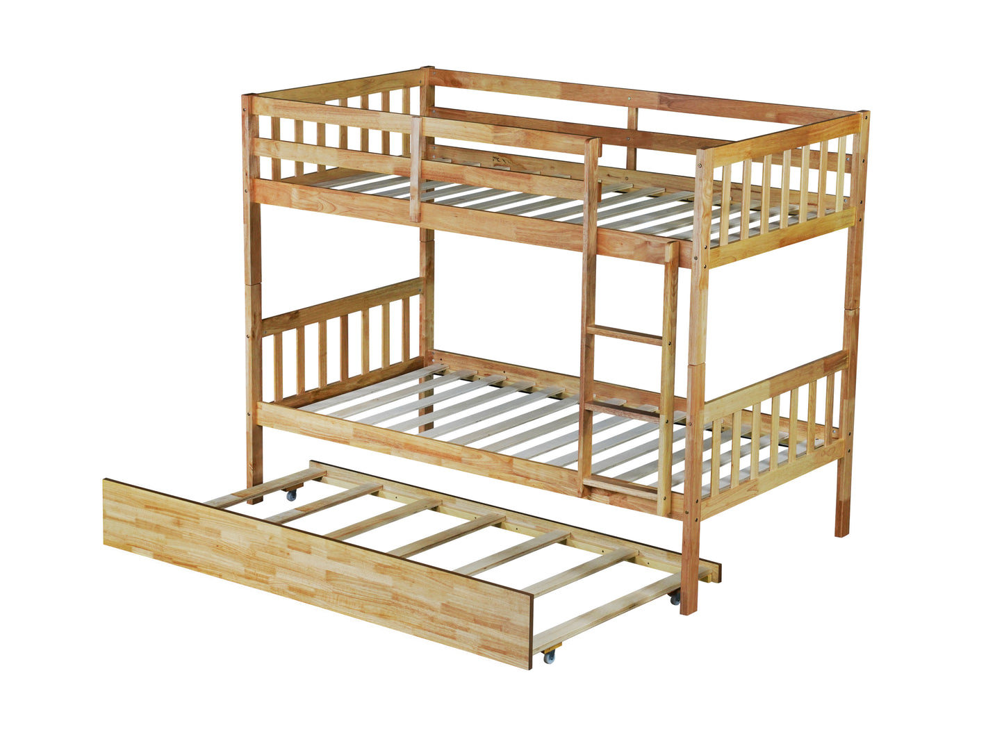 Twin Over Twin Rubber Wood Bunk Bed with Trundle, Convertible into 2 Twin Size Beds, Twin Size Bunk Bed with Ladder and Safety Guardrails,Natural