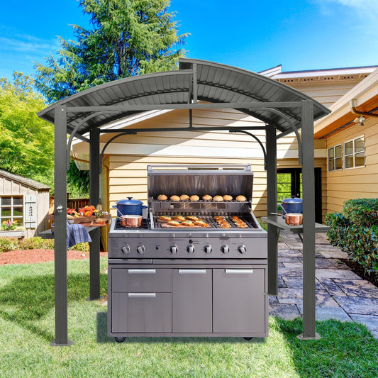 8x5FT  Arc Roof, Grill Canopy for Outdoor Grill w/Double Galvanized Steel Roof and 2 Side Shelves, BBQ Gazebo Grill Tent for Patio Garden Backyard, Grey