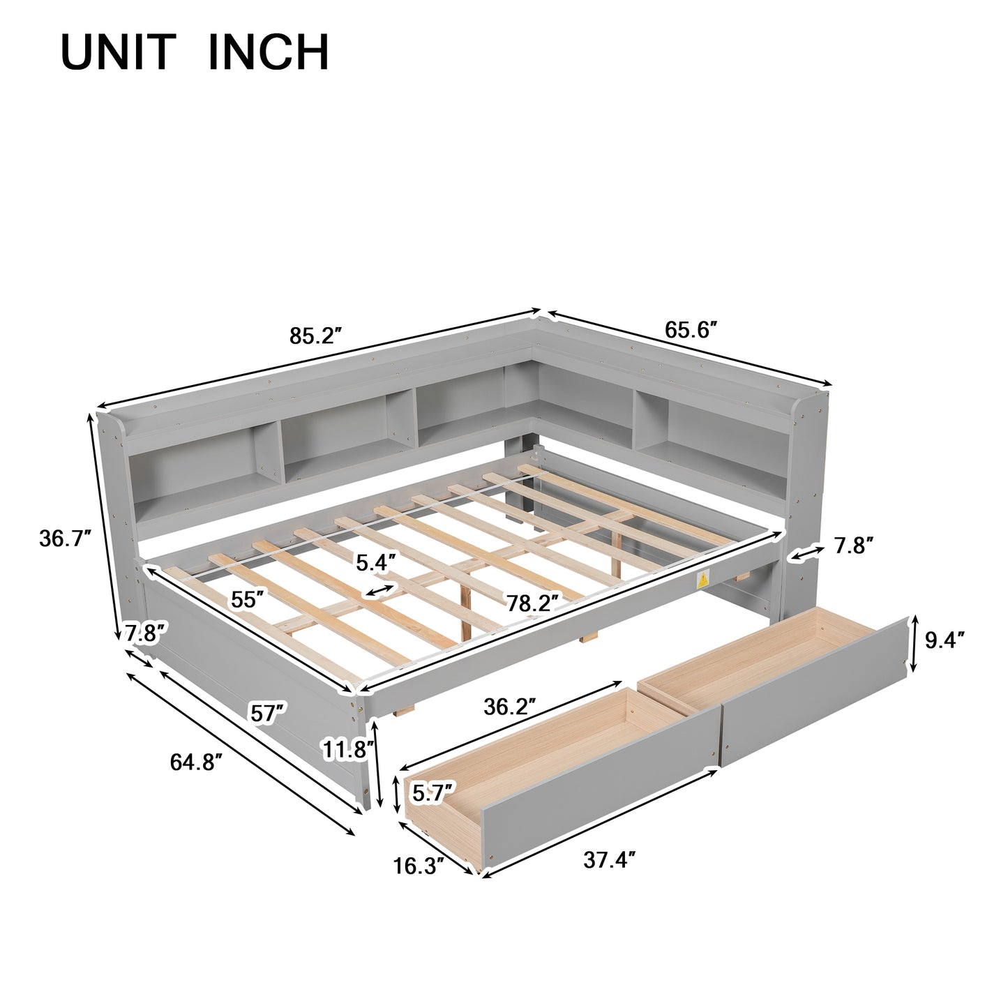 Full Bed with L-shaped Bookcases, Drawers ,Grey