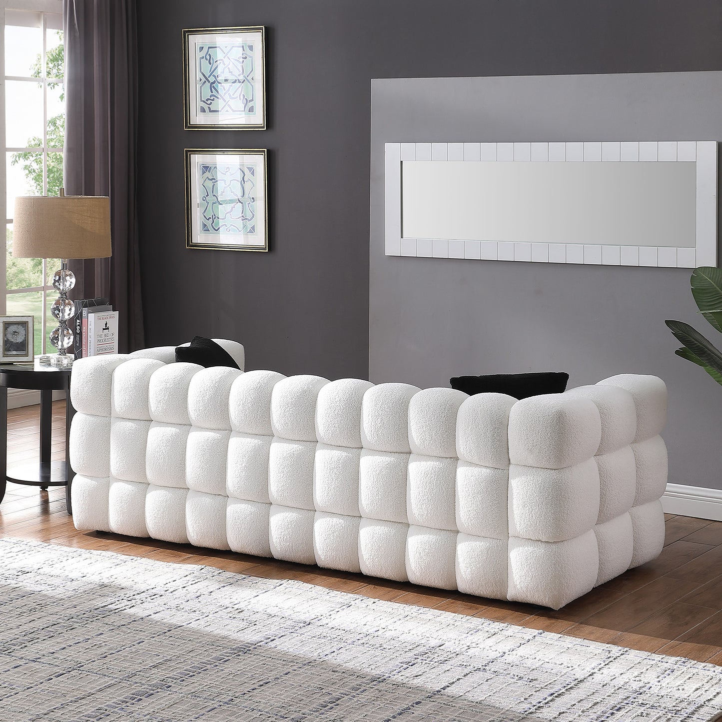 [SantaChoice] 84.3 length ,35.83" deepth ,human body structure for USA people,  marshmallow sofa,boucle sofa ,White color,3 seater