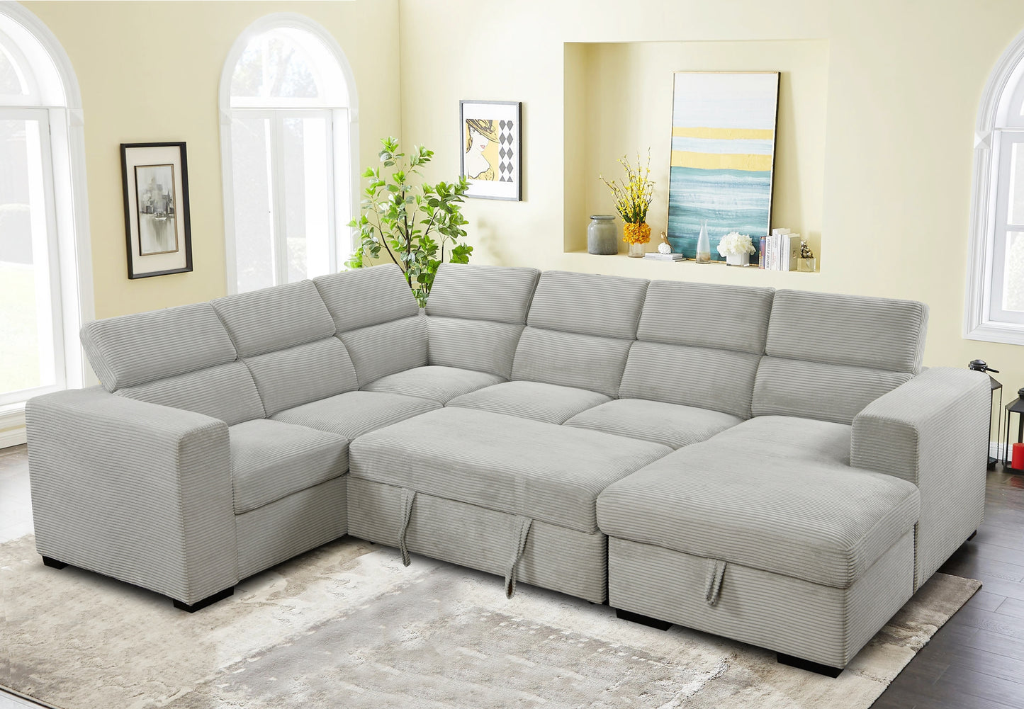 123" Oversized Modern U-Shaped 7-seat Sectional Sofa Couch with Adjustable Headrest, Sofa Bed with Storage Chaise,Pull Out Couch Bed for Living Room ,Light Gray