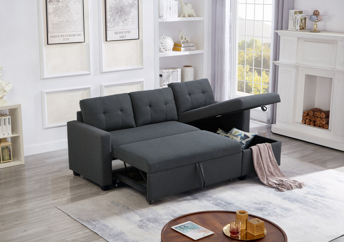 Upholstered Pull Out Sectional Sofa with Storage Chaise, Convertible Corner Couch, Dark Grey