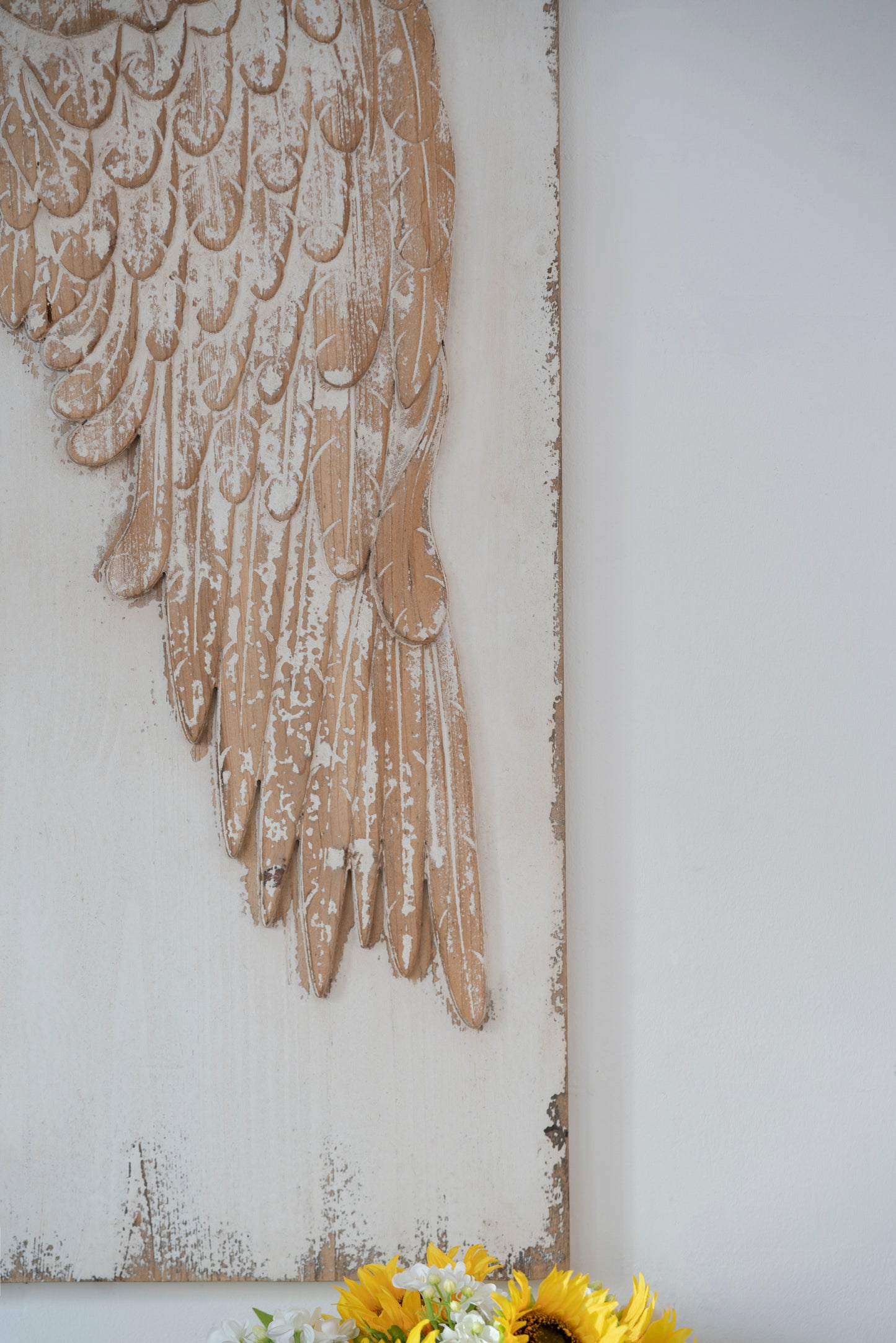 Set of 2 Feather Wing Wall Panels with Distressed White Finish, Rectangle Hanging Wall Art, 42" x 15.5"