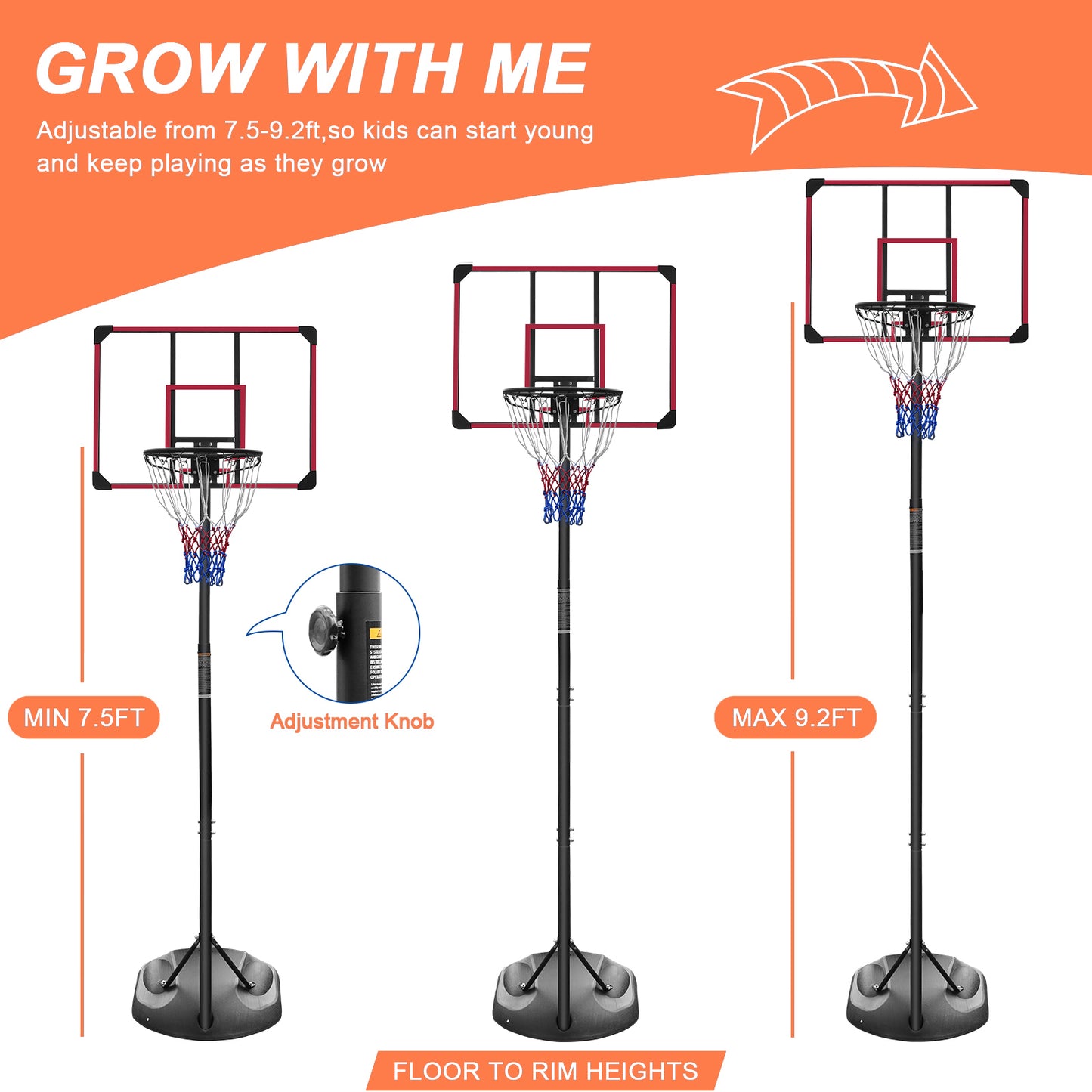 Portable Basketball Hoop System Stand Height Adjustable 7.5ft - 9.2ft with 32 Inch Backboard and Wheels for Youth Adults Indoor Outdoor Basketball Goal