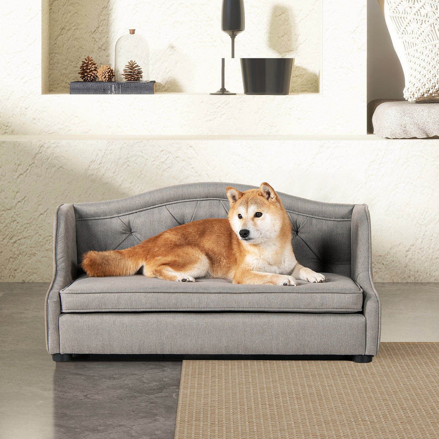 Robin 35" Tufted Wingback Pet Sofa Bed, Medium, Uptown Gray Stain Resistant High Performance Polyester