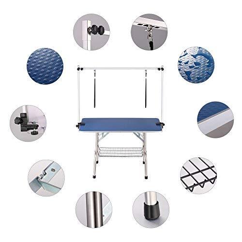 NEW HIGH QUALITY FOLDING PET GROOMING TABLE STAINLESS LEGS AND ARMS BLUE RUBBER TOP STORAGE BASKET