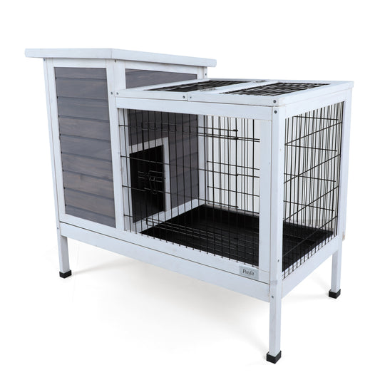 Two-Tier Wooden  Rabbit Cage Outdoor Indoor for Small Animals with Runway and Leak-Proof Plastic Tray,Grey