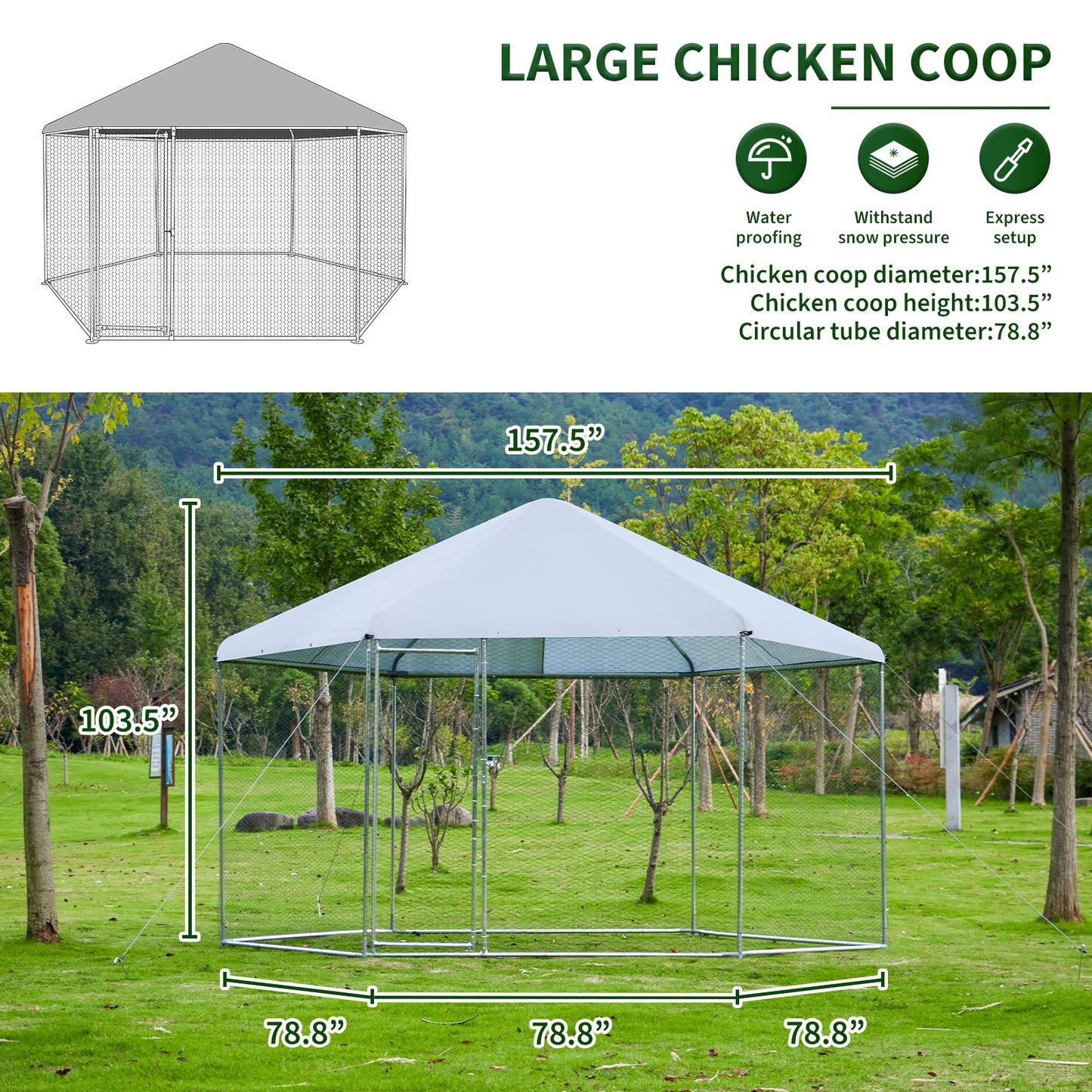 Large metal chicken coop hexagonal, steel wire dipped plastic mesh, oxford cloth silver plated waterproof and UV resistant, ducks, rabbits, sheep and birds outdoor house.(13.1*8.6ft)