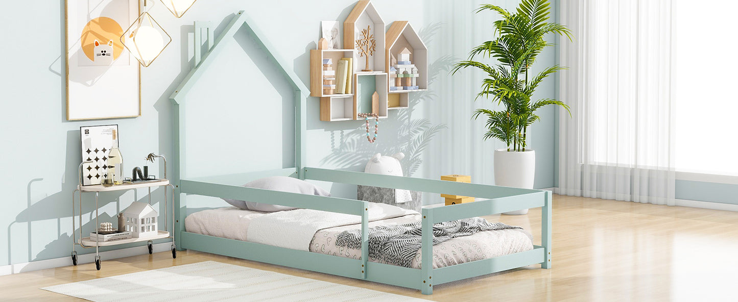 Twin Size Wood bed with House-shaped Headboard Floor bed with Fences,Light Green