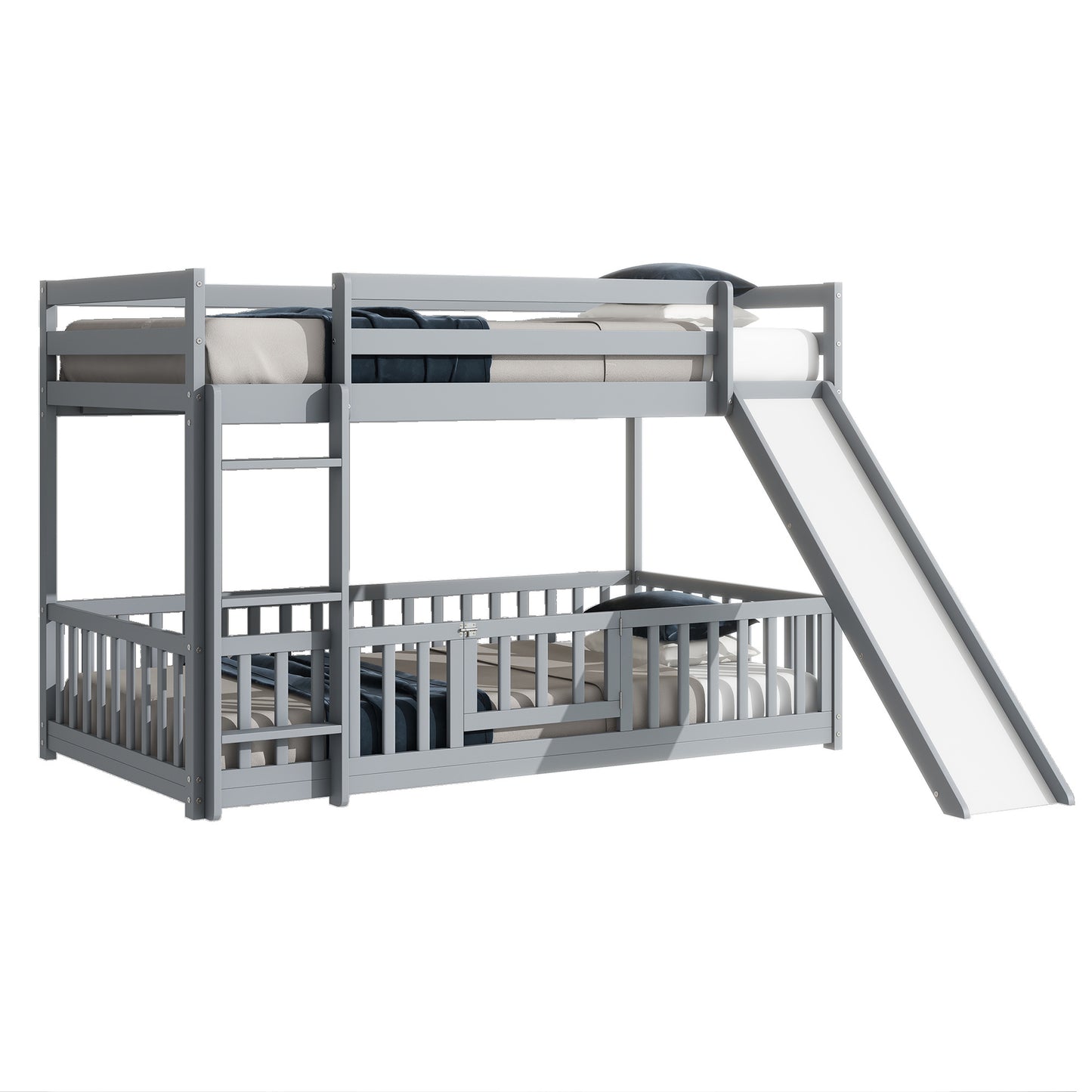 Twin Over Twin Floor Bunk Bed with Slide, Ladder, Door, Safety Guardrails, Solid Pine Wood Bunk Bed ,Grey