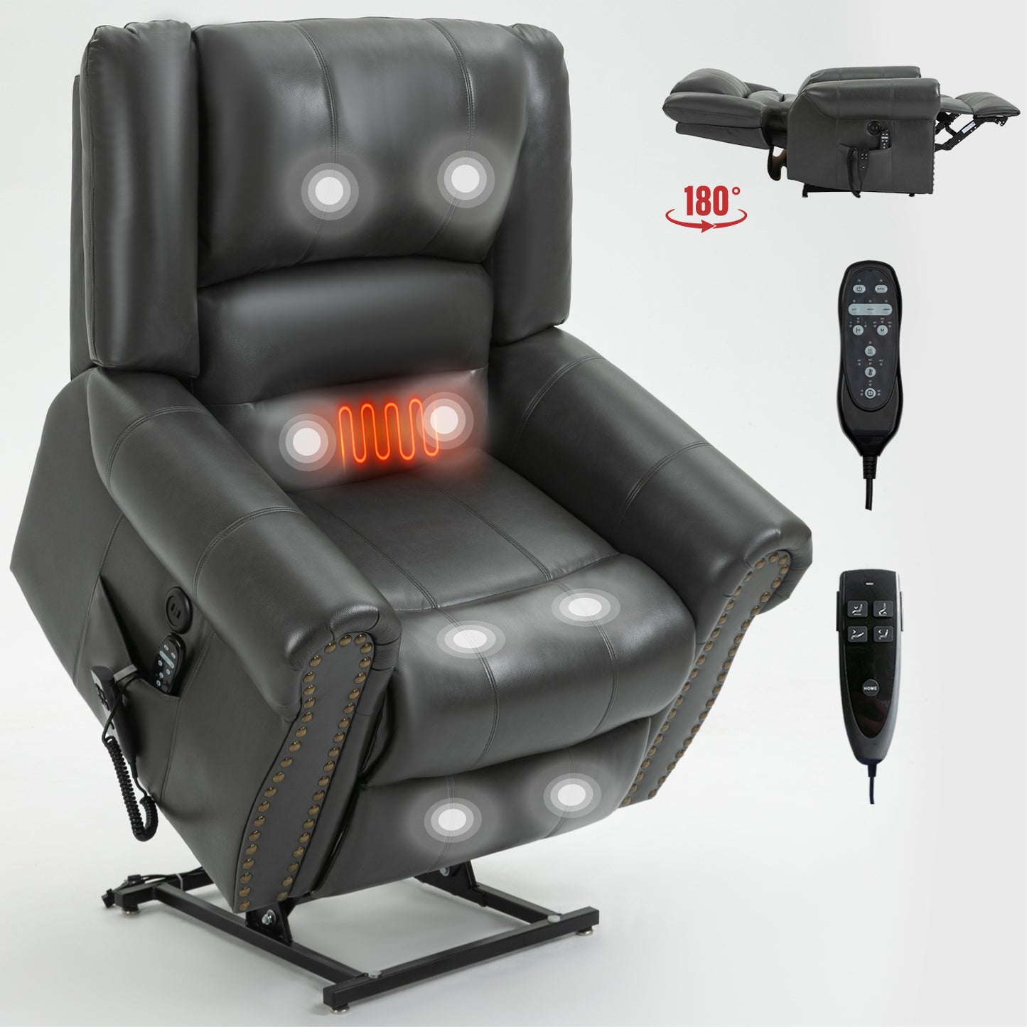 Power Lift Recliner Chair Heat Massage Dual Motor Infinite Position Up to 350 LBS, Faux Leather, Heavy Duty Motion Mechanism with USB Ports, Grey