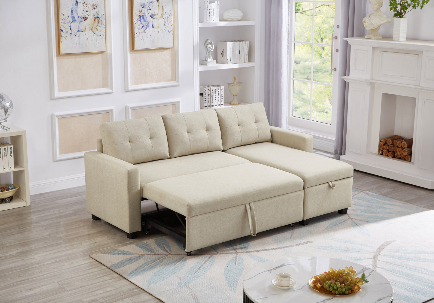 [SantaChoice] Upholstered Pull Out Sectional Sofa with Storage Chaise, Convertible Corner Couch, Beige