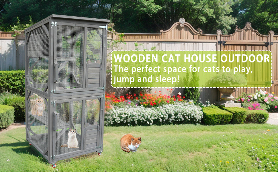 Catio Large Wooden Cat House Outdoor Indoor Cat Enclosures On Wheels, Wooden Kitty House Shelter Outside with Resting Box, Waterproof Roof (Grey, 31.5" D x 36.6" W x 71" H)