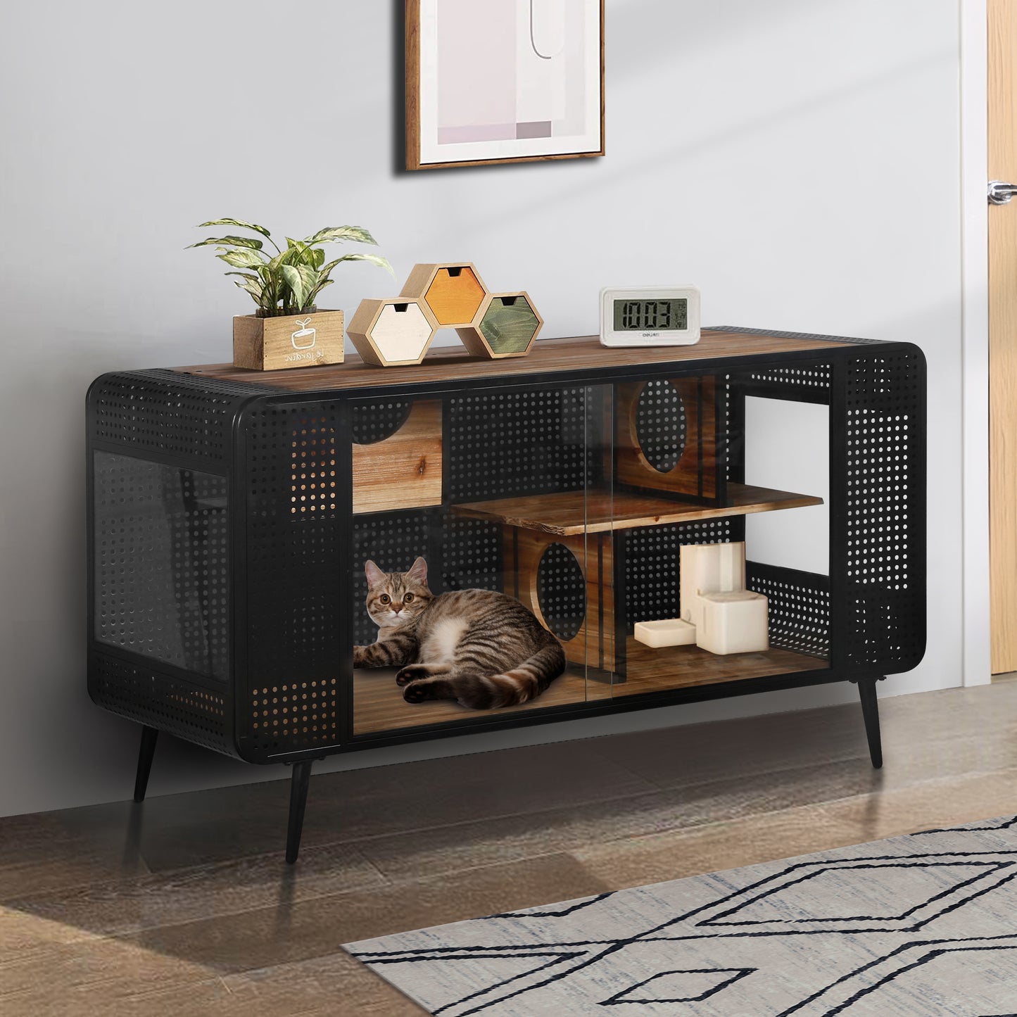 55.12 "Spacious Cat House with Tempered Glass, for Living Room, Hallway, Study and Other Spaces