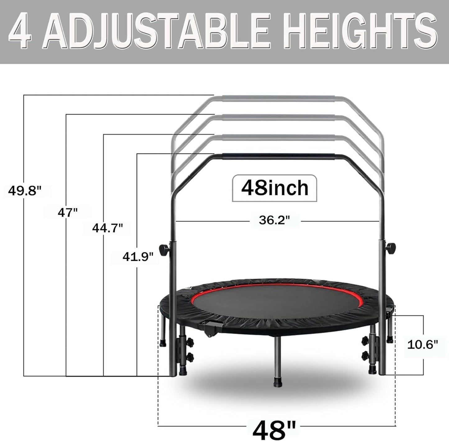 48" Foldable Mini Trampoline Max Load 300lbs, Fitness Rebounder with Adjustable Foam Handle, Exercise Trampoline for Adults Indoor/Garden Workout, Xmas Christmas Gift