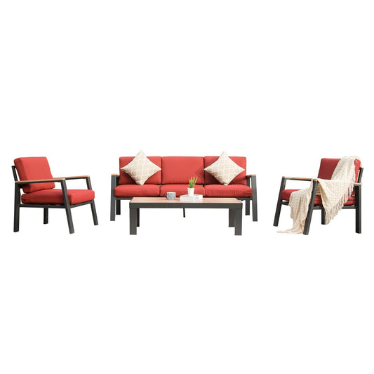 4 Pieces Aluminum Outdoor Patio Furniture Set, Modern Outdoor Sectional with Outdoor Patio Coffee Table & 7 Inch Cushion, Outdoor Patio Sectional Sofa Set for Balcony, Garden, Red