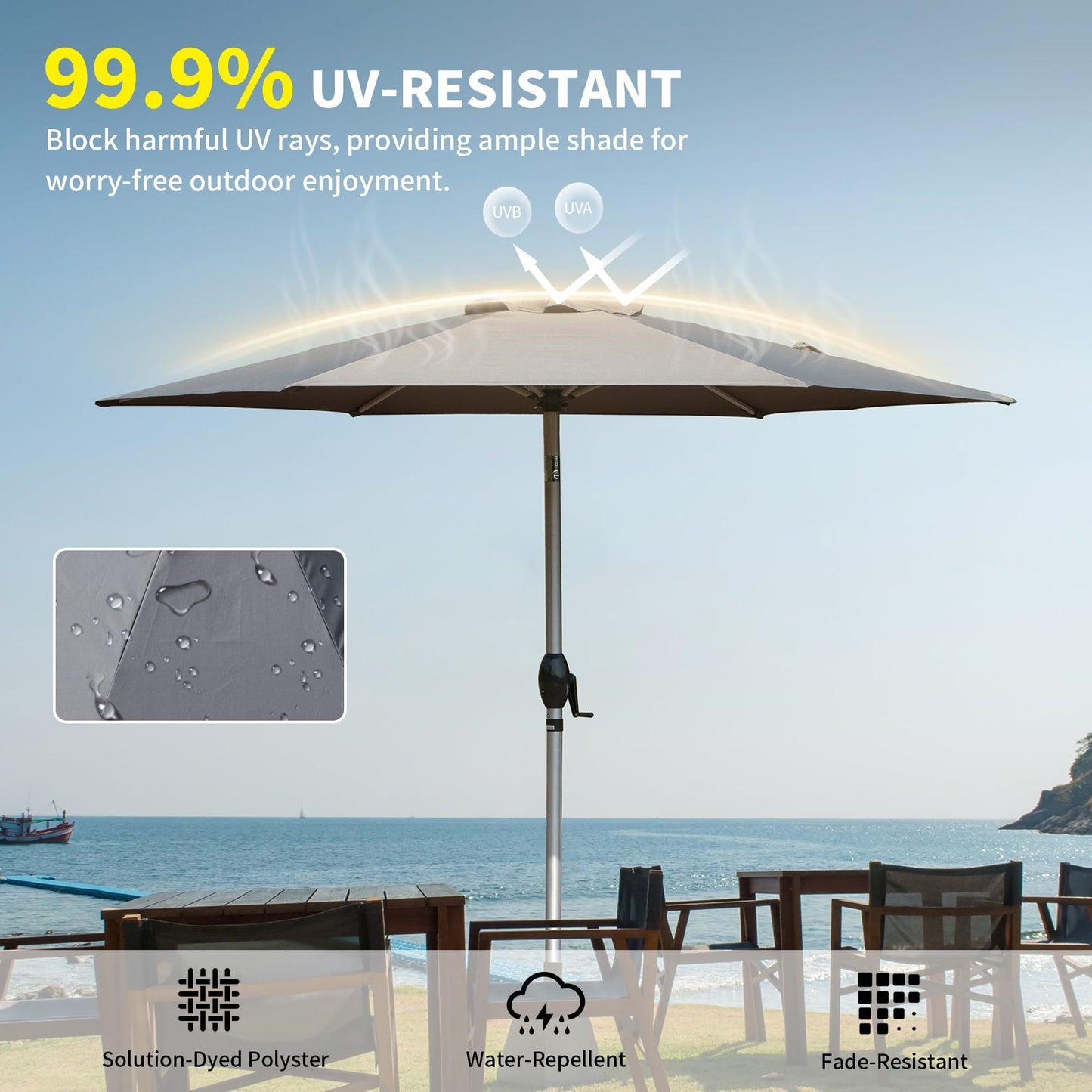 7.5FT Patio Umbrella, Outdoor Table Umbrella with Push Button Tilt and Crank, UV Protection Waterproof Market Sun Umbrella with 6 Sturdy Ribs for Garden, Deck, Backyard, Pool (Gray)